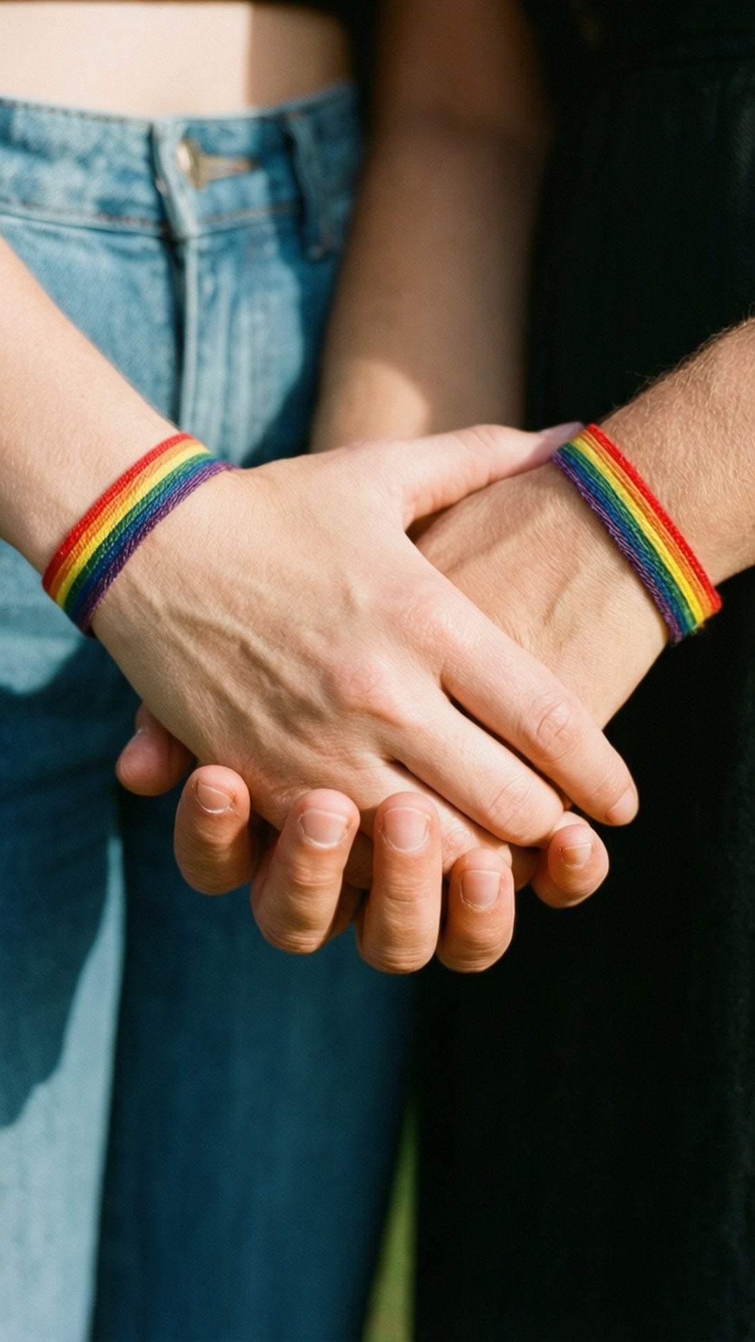 rainbow pride bracelets, denim, dark fabric, Full HD Phone Wallpaper