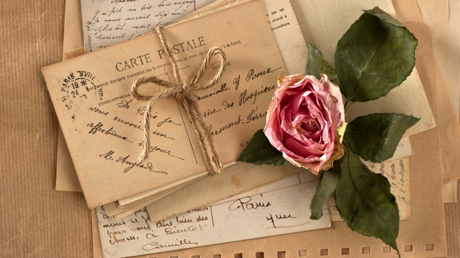vintage French postcard, twine, handwritten letters, Full HD Desktop Wallpaper