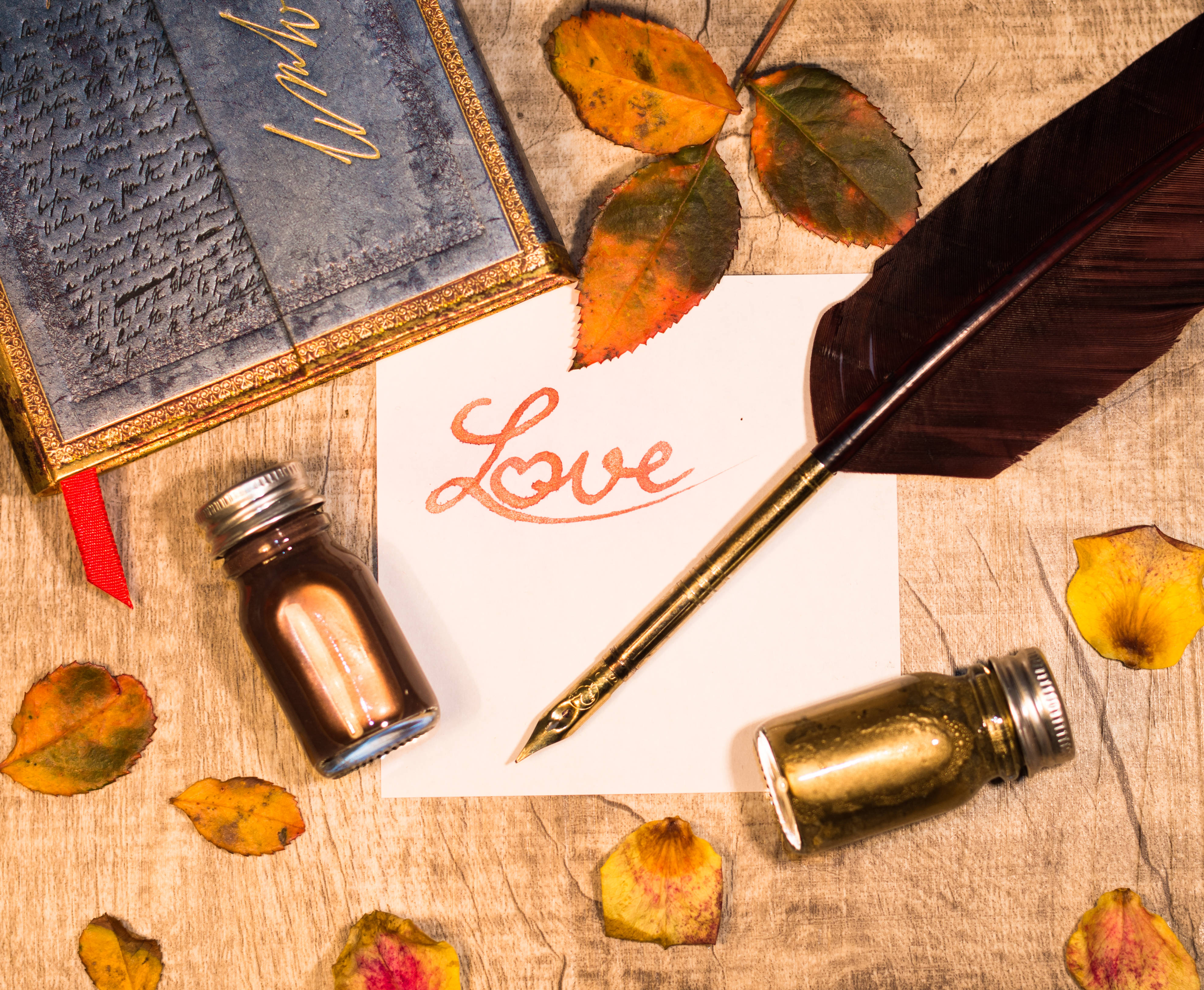 Love, copper ink, quill pen, 4K Desktop Wallpaper
