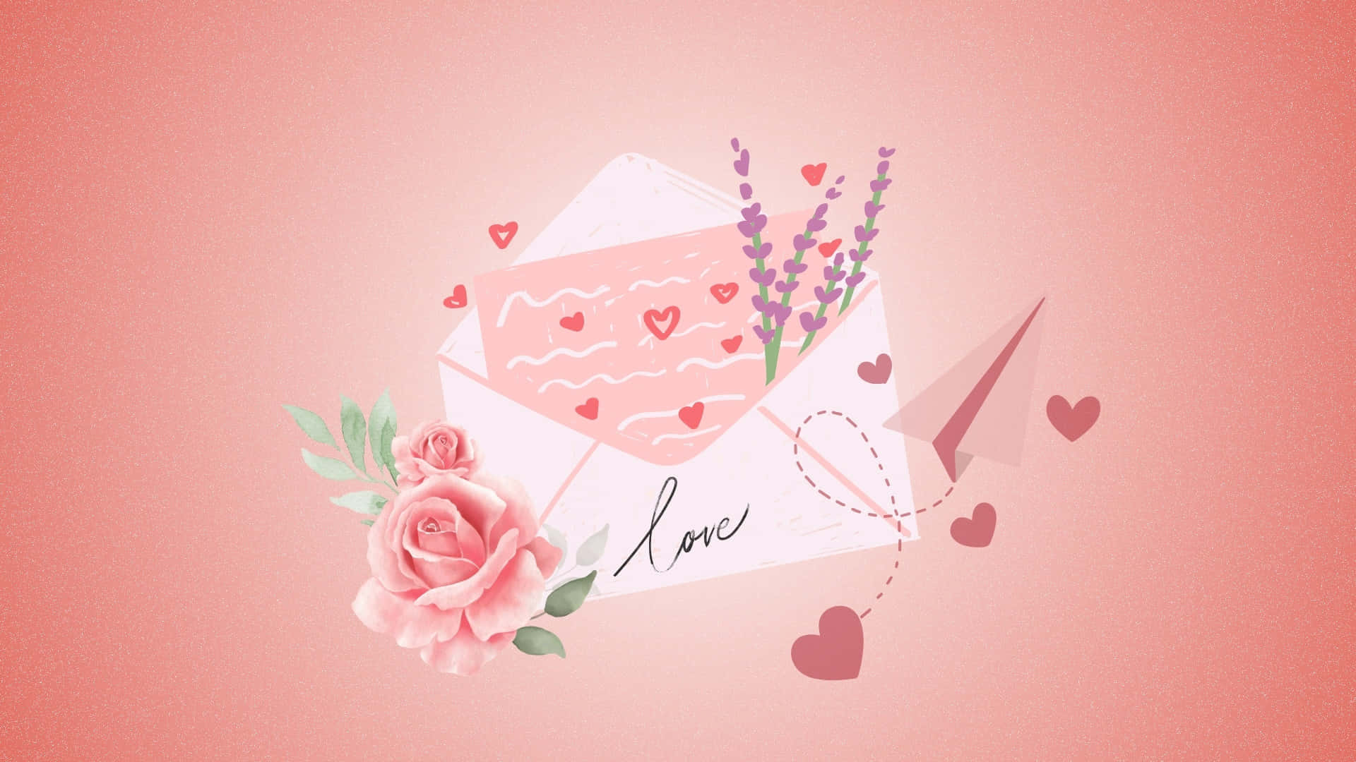 soft pink envelope, lavender roses, hearts, Full HD Desktop Wallpaper