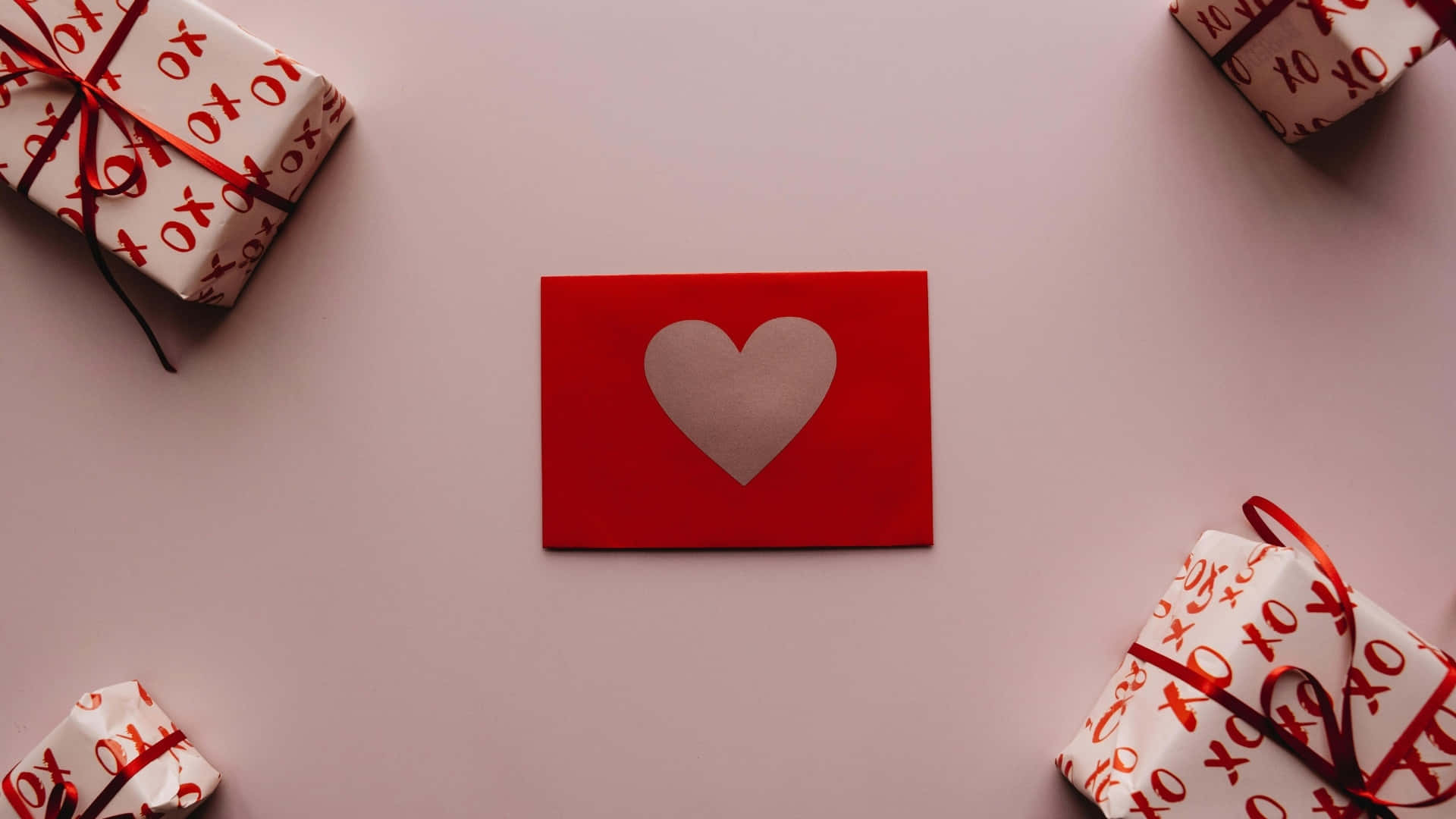 red card, silver heart cutout, four wrapped gifts, Full HD Desktop Wallpaper