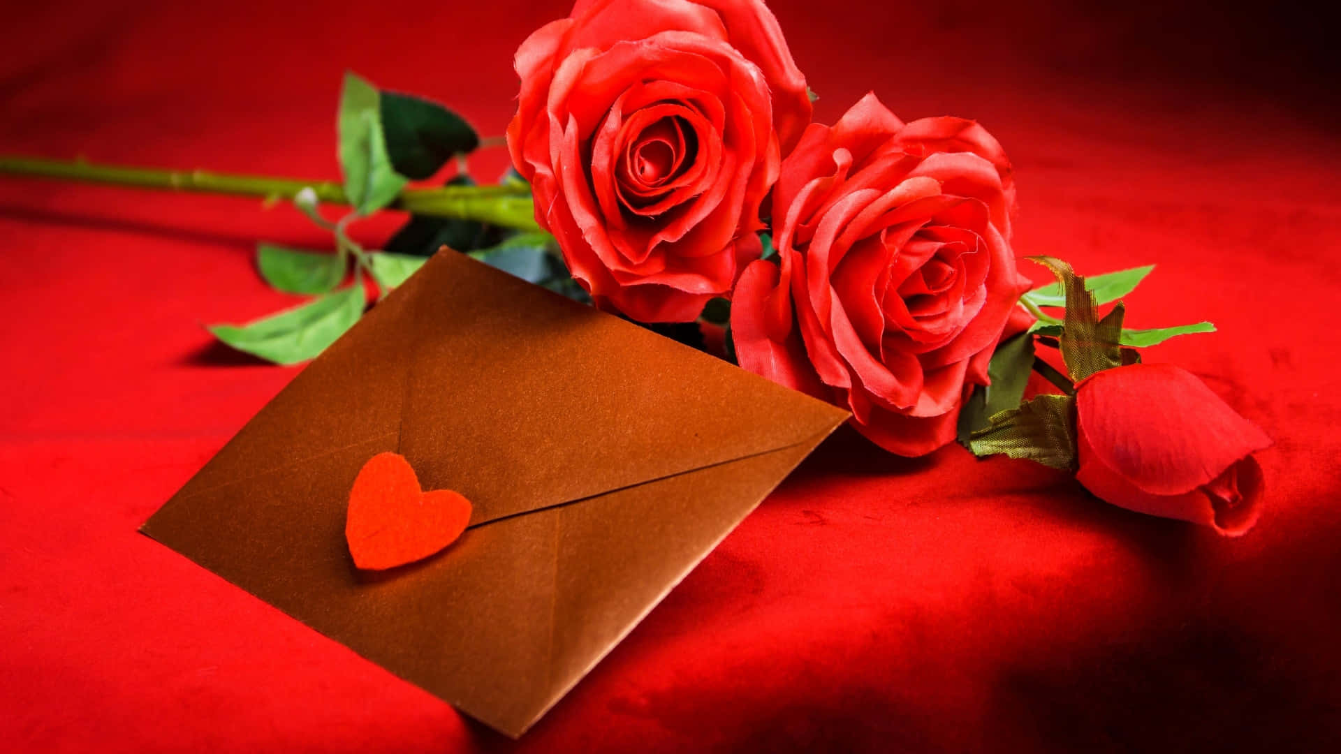 brown envelope, red heart seal, vibrant red roses, Full HD Desktop Wallpaper