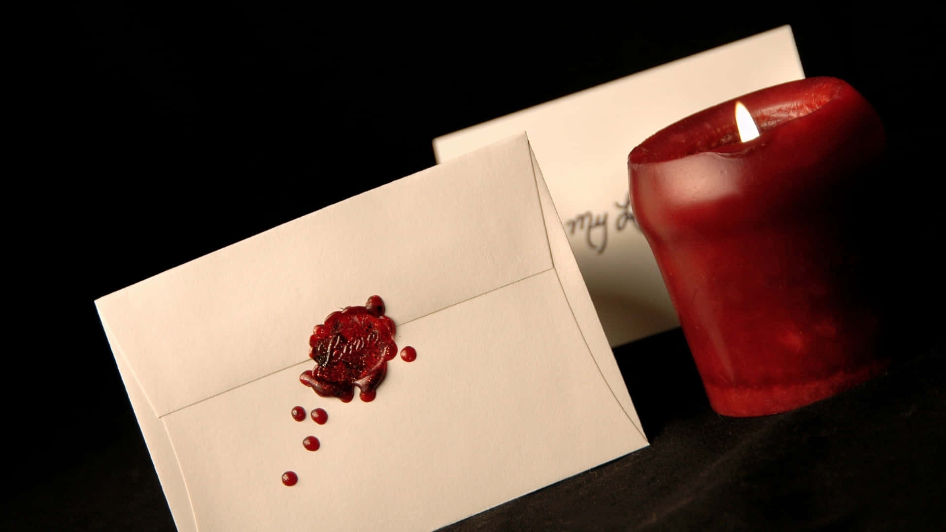 white envelope, red wax heart, lit red candle, Full HD Desktop Wallpaper