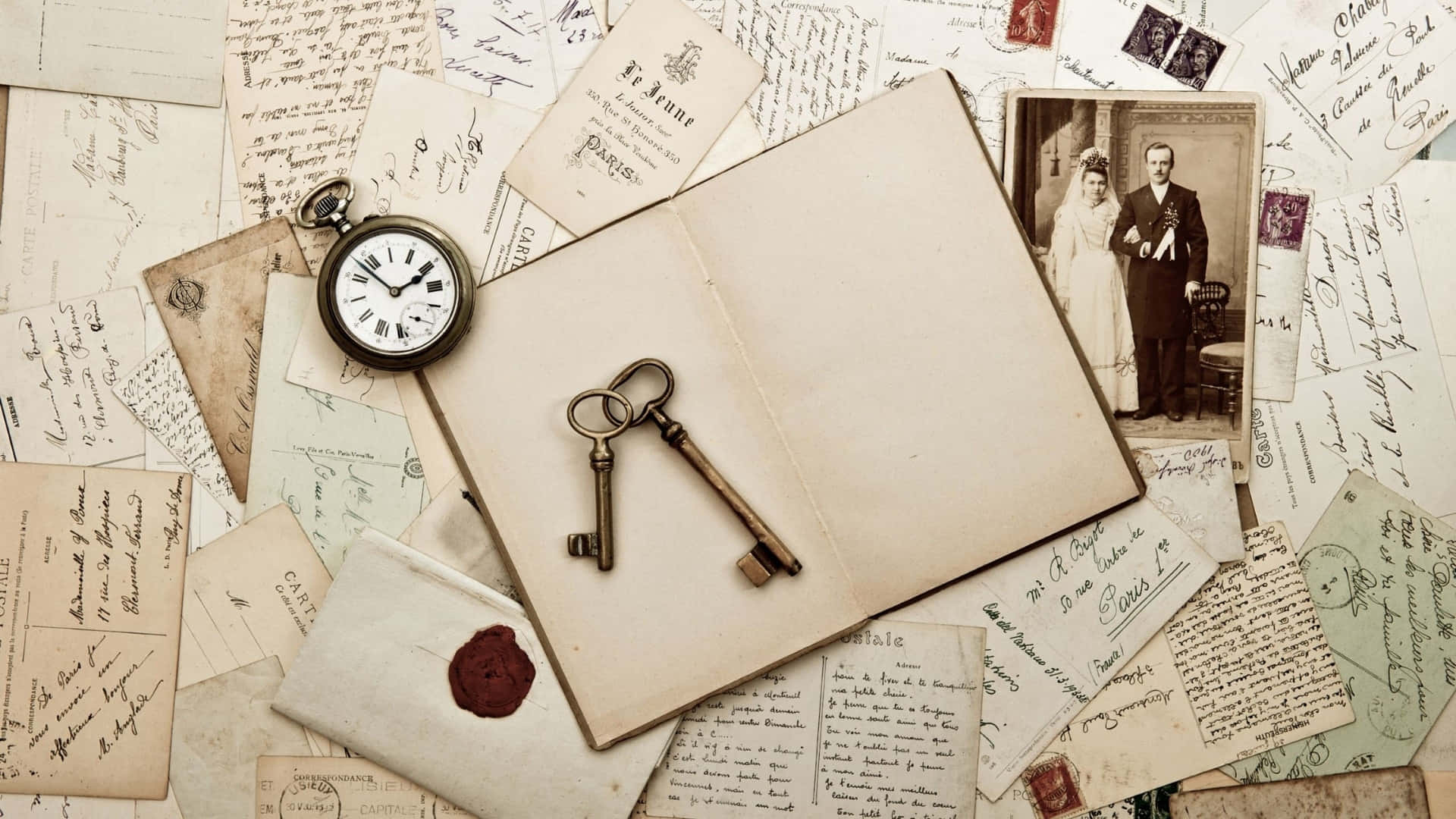 vintage book, handwritten letters, postcards, Full HD Desktop Wallpaper