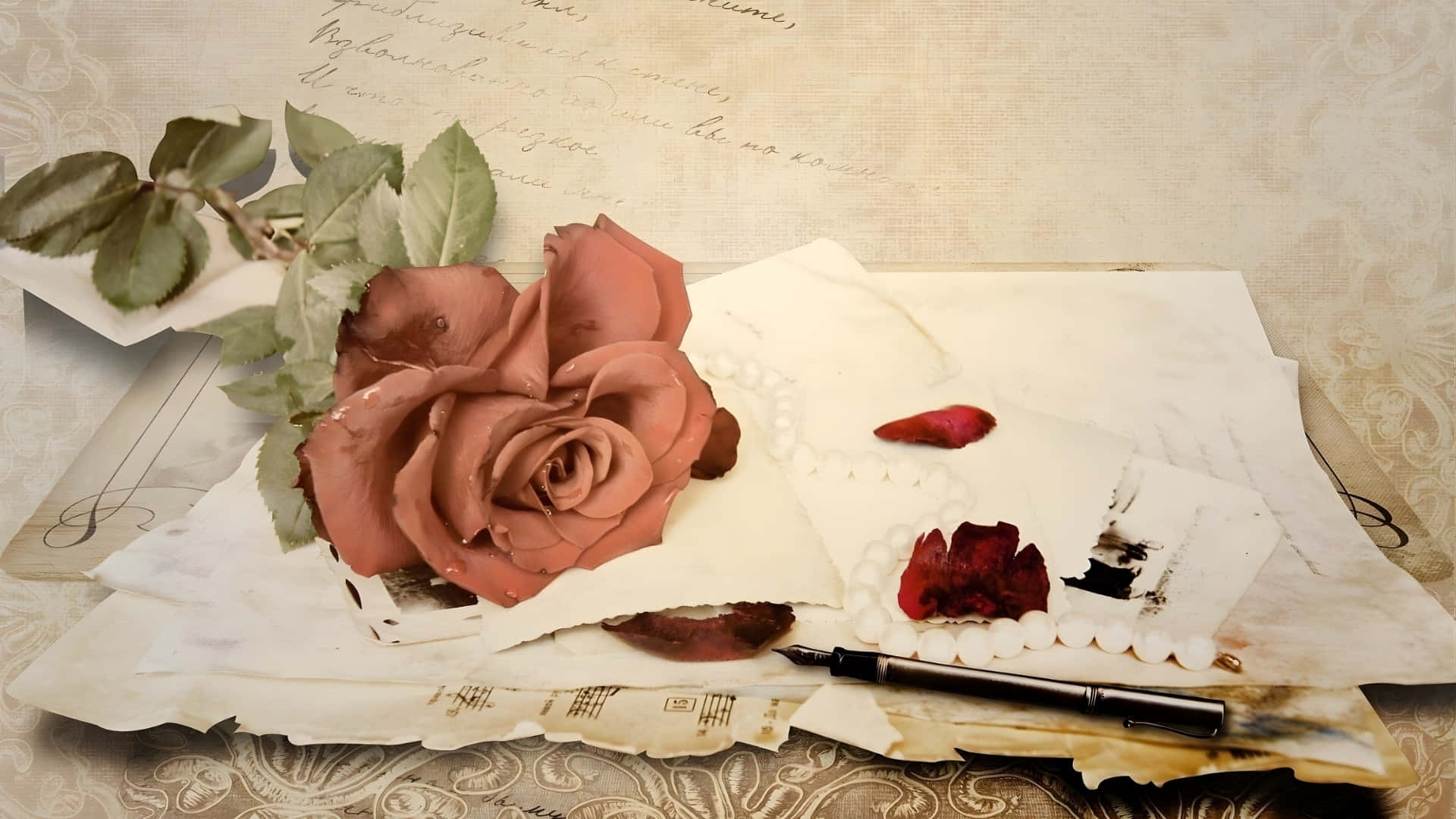 dusty rose flower, green leaves, aged papers, Full HD Desktop Wallpaper