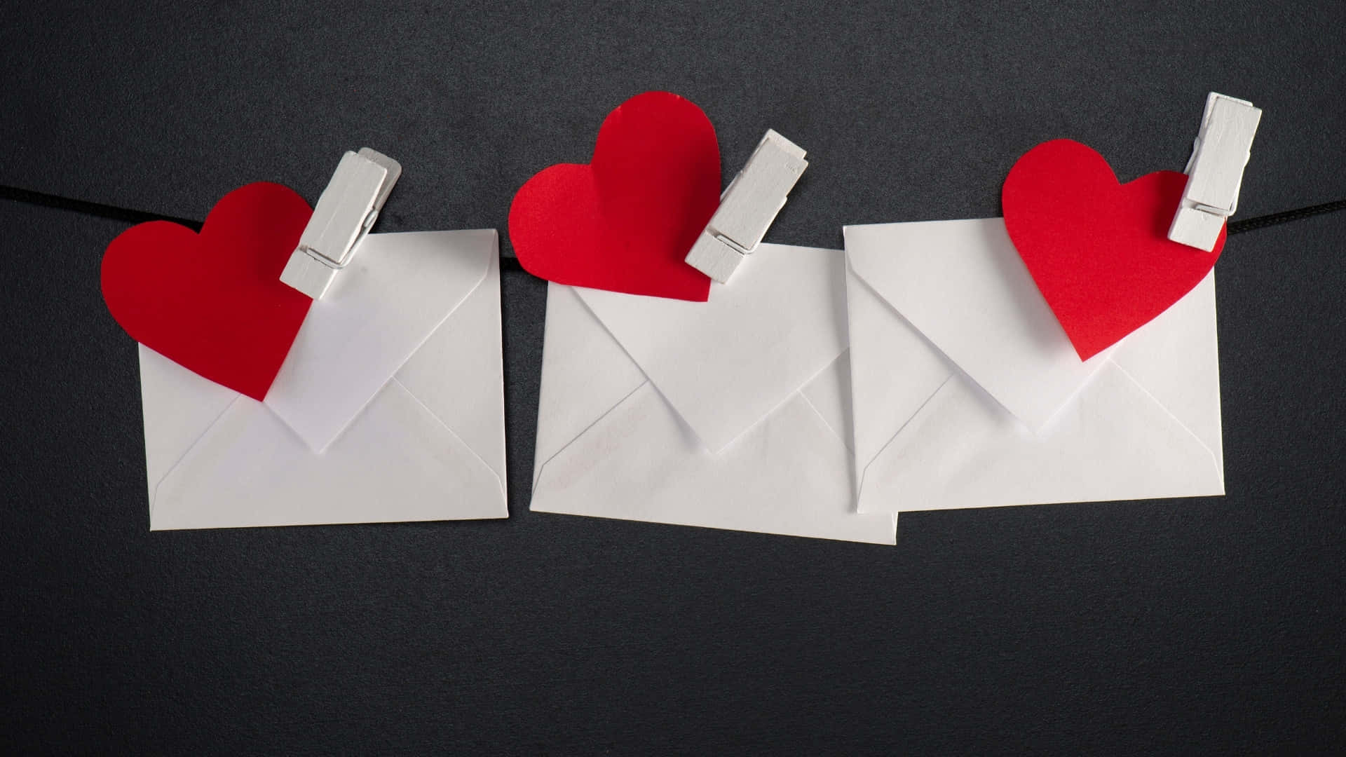 red paper hearts, white envelopes, black string, Full HD Desktop Wallpaper