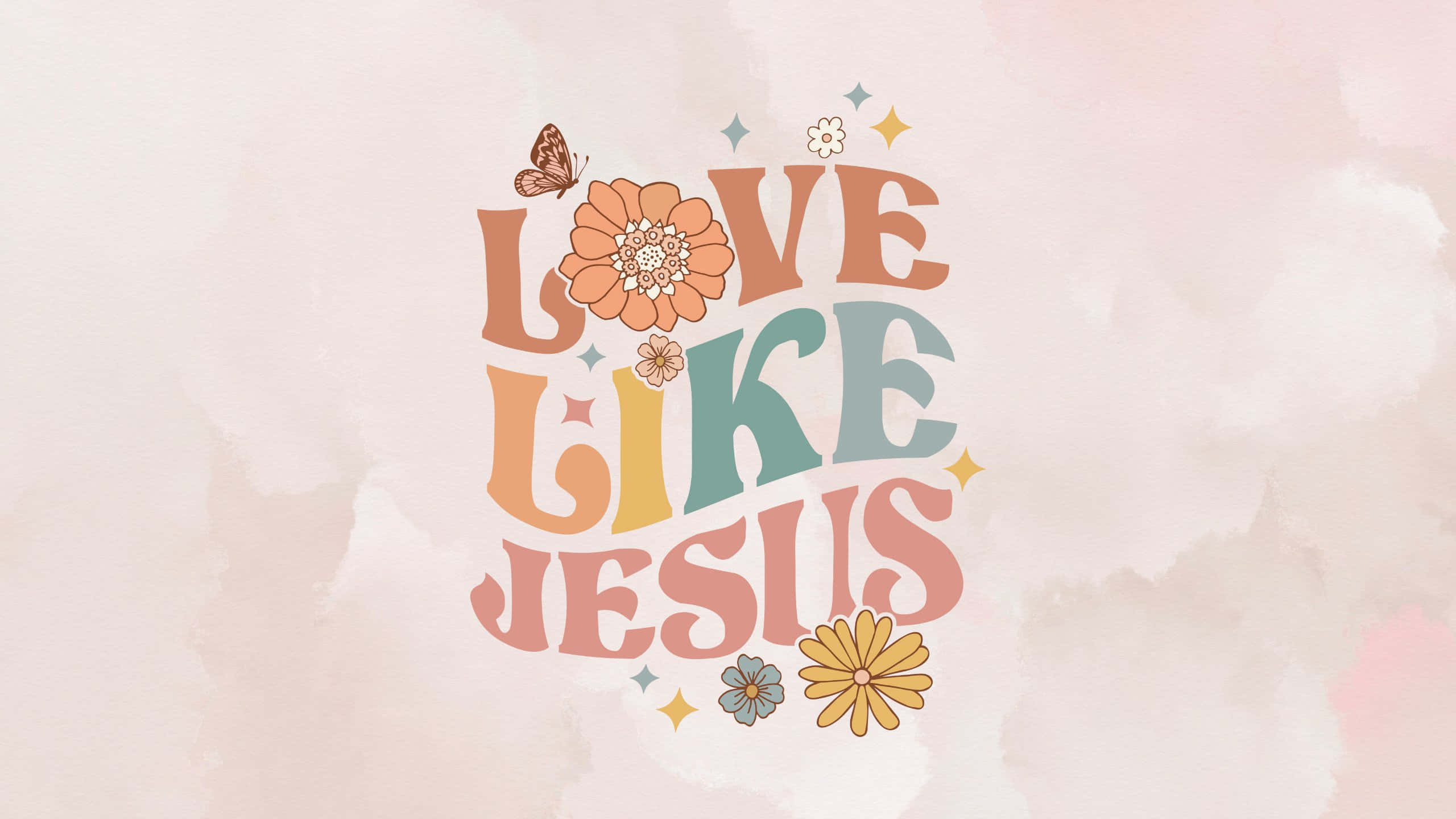 LOVE LIKE JESUS, retro-style typography, flowers, 2K Desktop Wallpaper