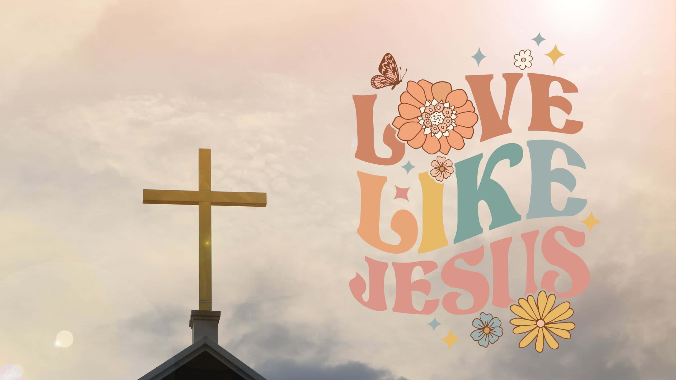 Love Like Jesus, golden cross, church roof, 2K Desktop Wallpaper