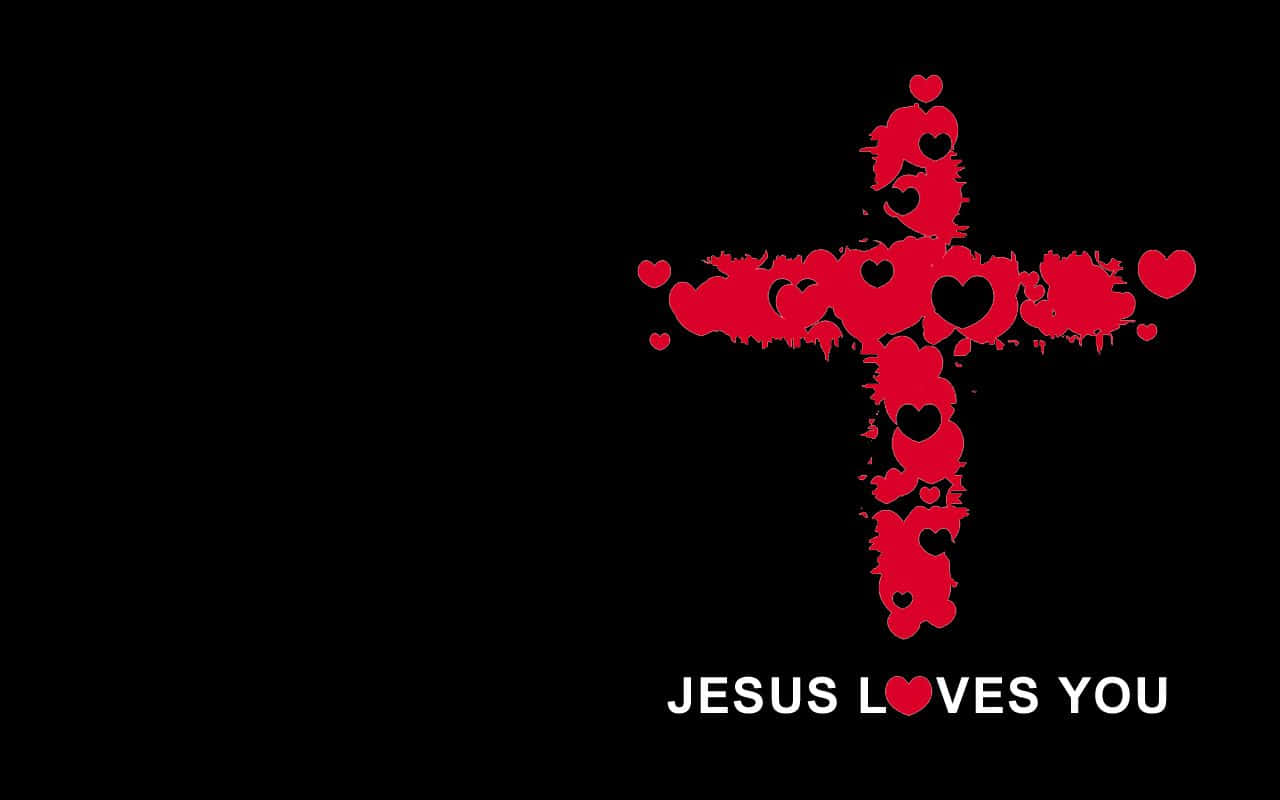 Jesus Loves You, red cross made of hearts, black background, HD Desktop Wallpaper
