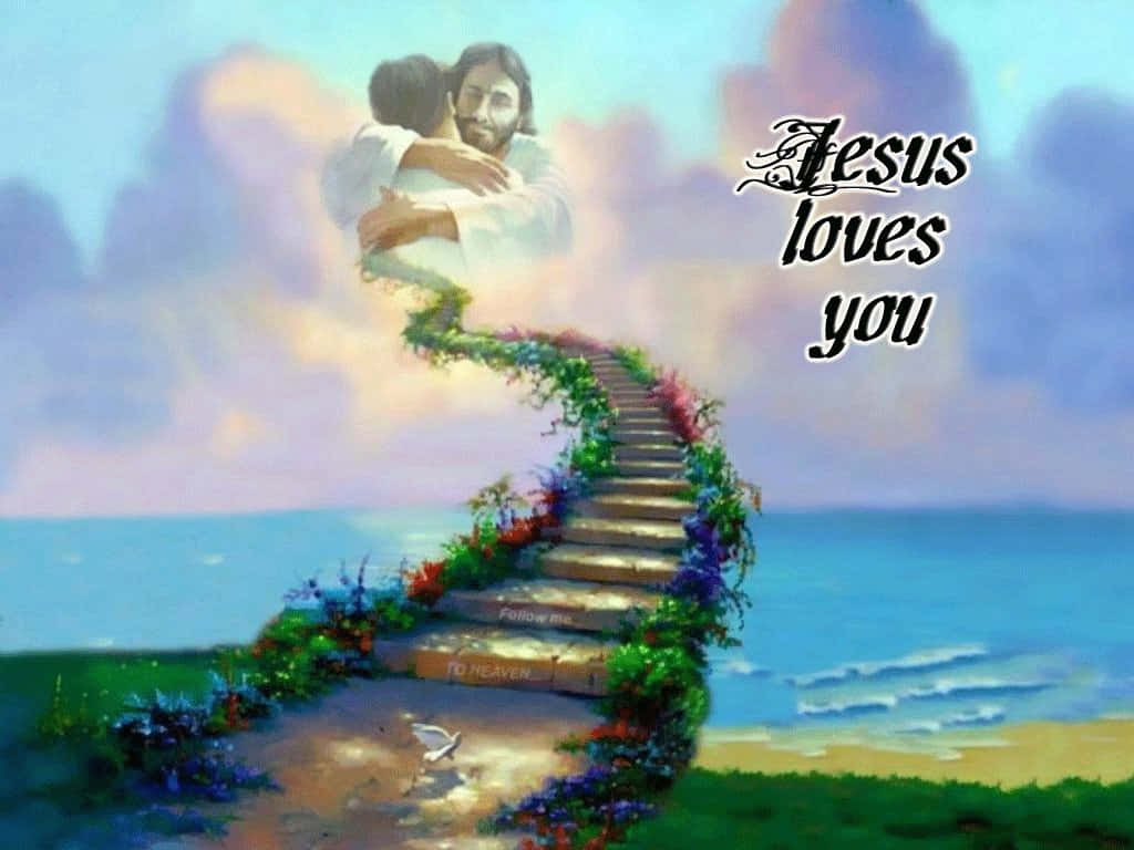 Jesus, child, floral staircase, SD Desktop Wallpaper