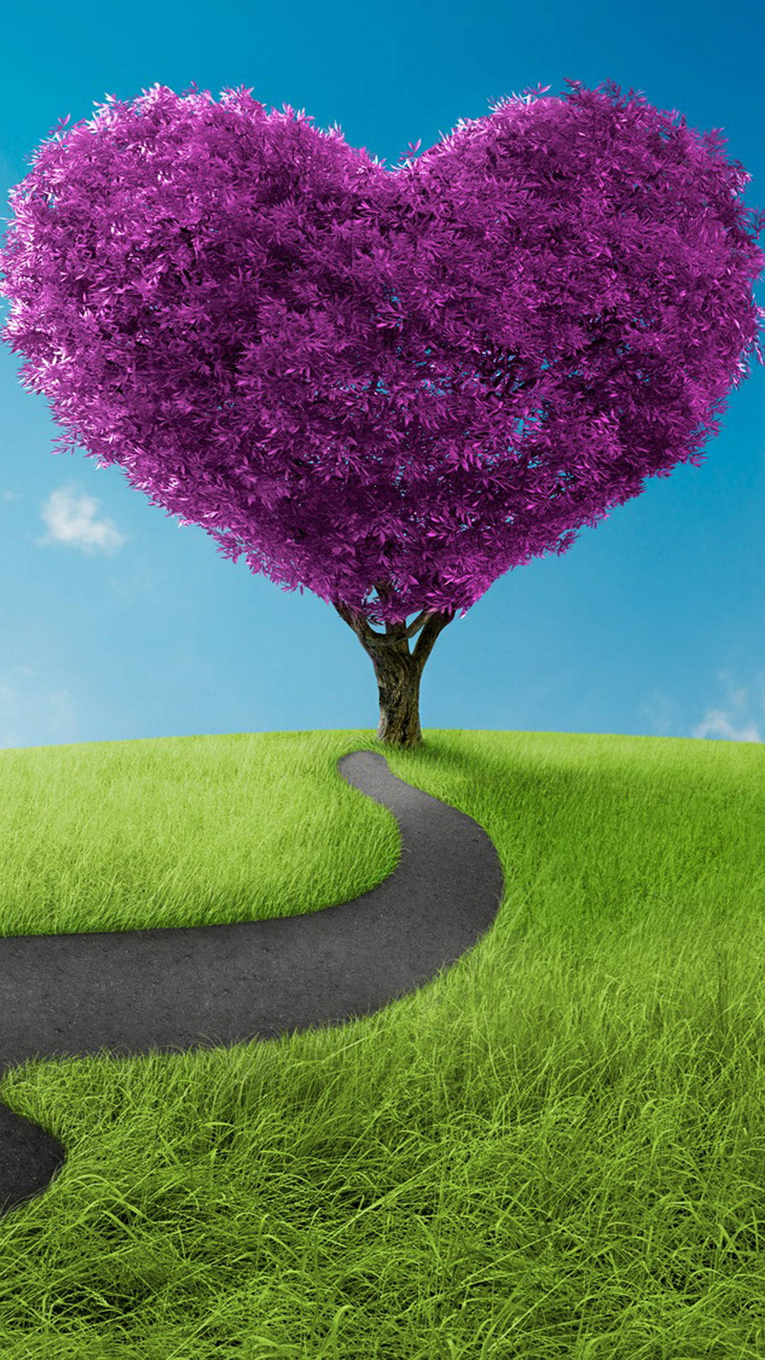 purple tree, heart-shaped tree, lush green hill, Full HD Phone Wallpaper