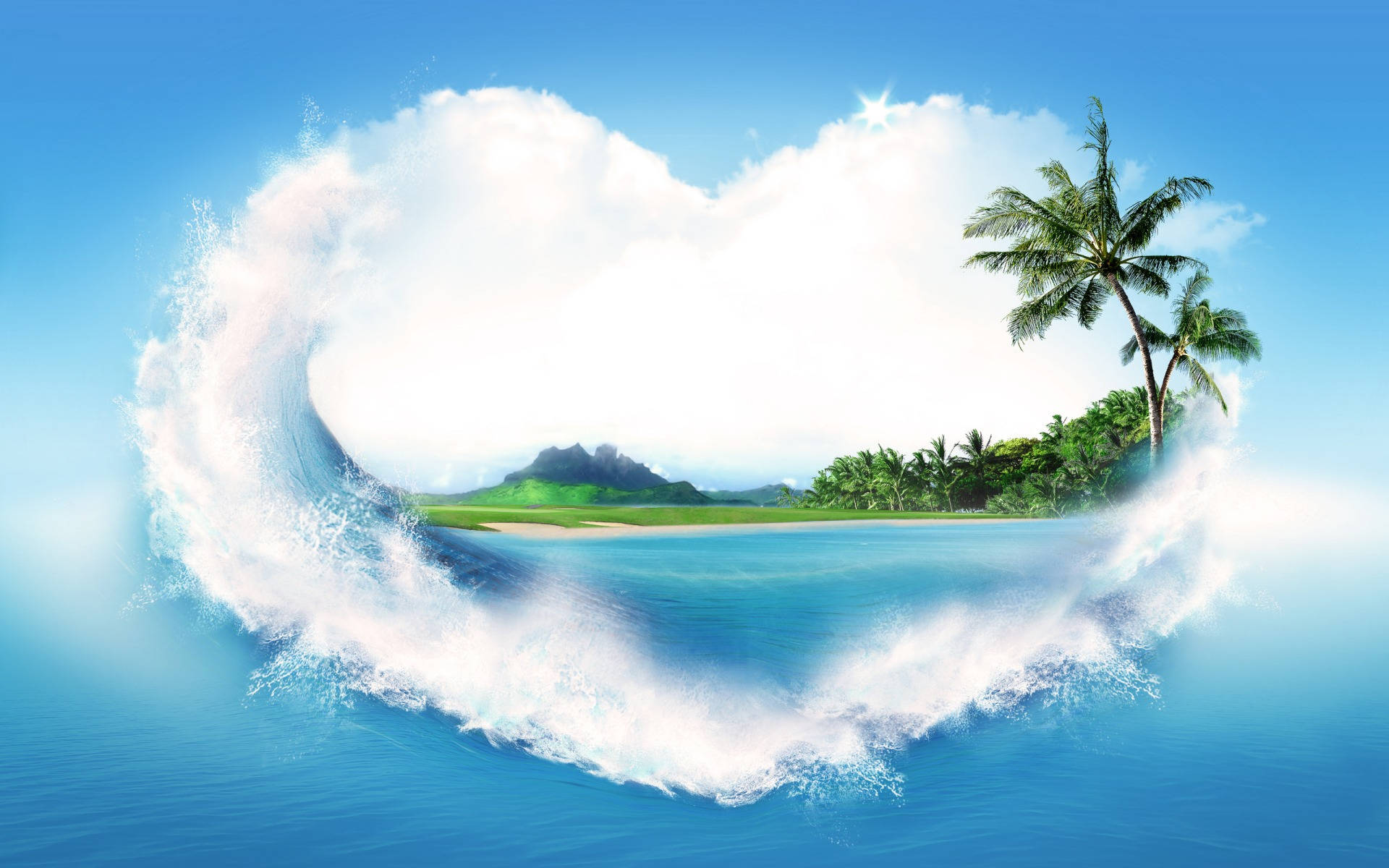 Dreamy Love Nature Waves, heart-shaped ocean wave, tropical island, Full HD Desktop Wallpaper