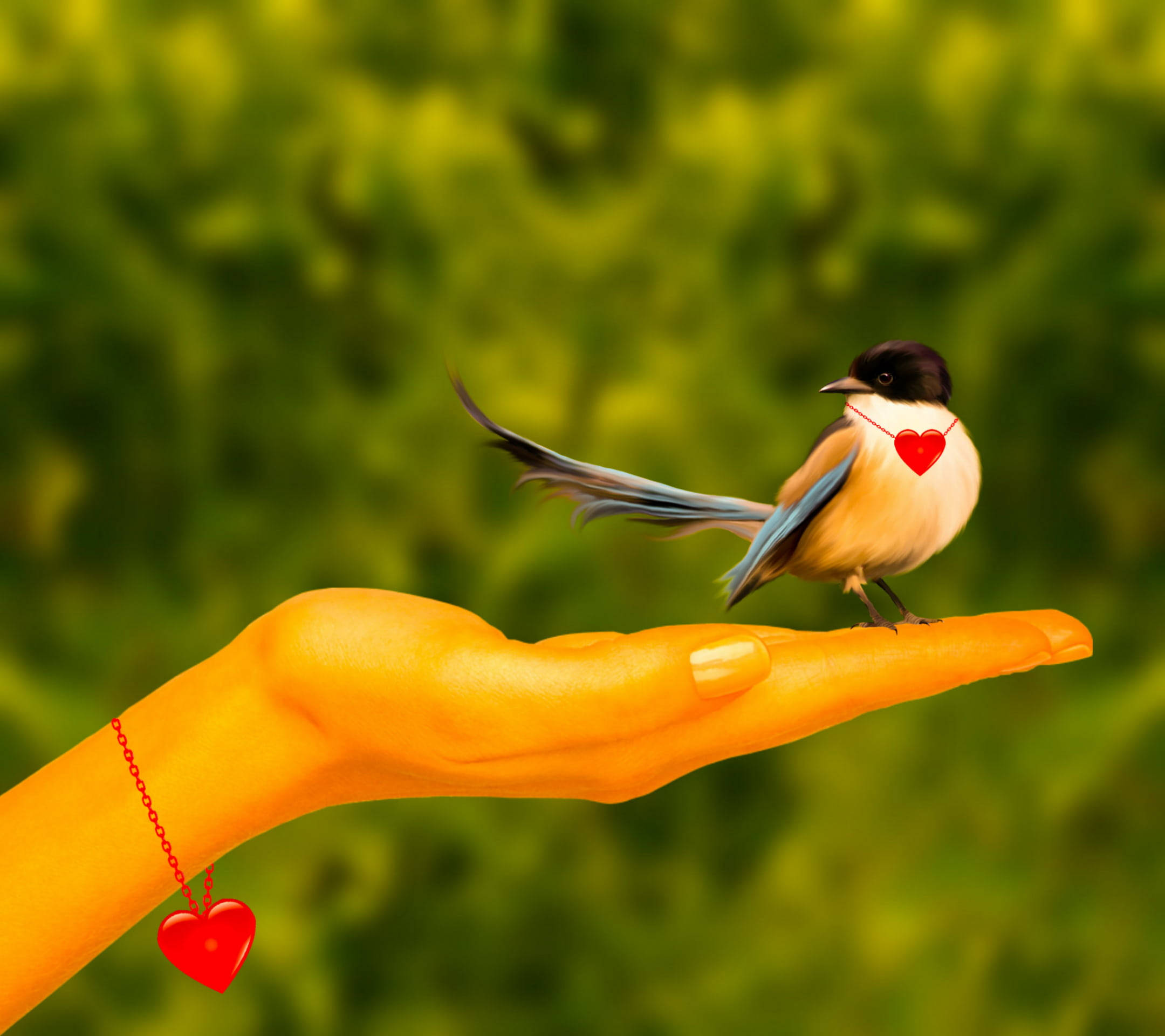 Love Nature, red heart necklace, small bird, Full HD Desktop Wallpaper