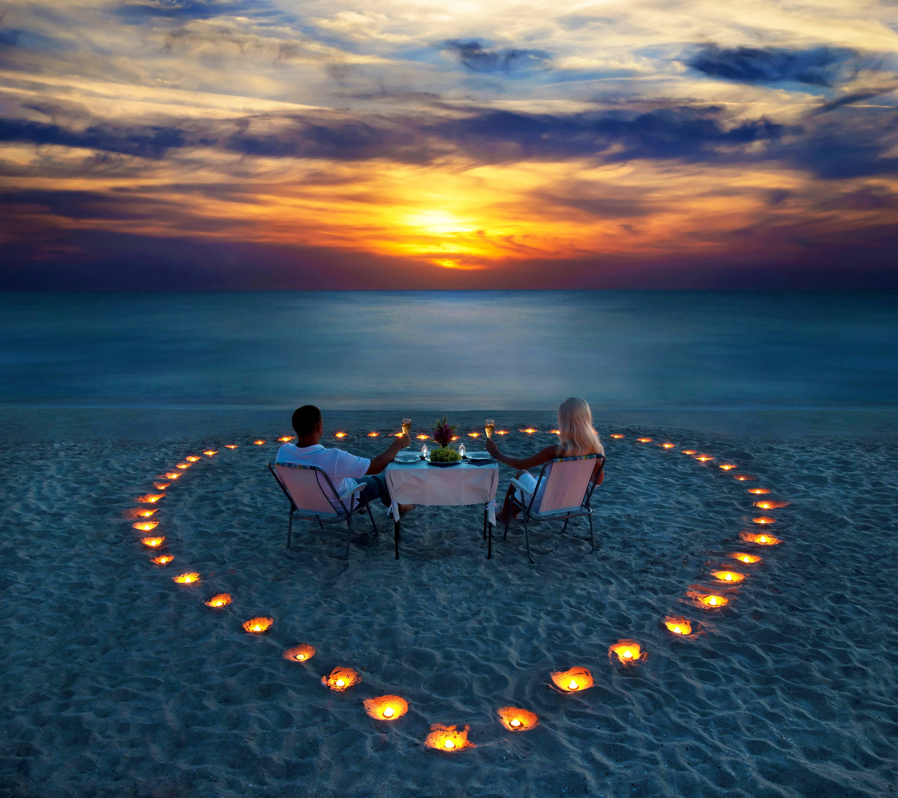 beach, glowing candles, fiery sunset, 2K Desktop Wallpaper
