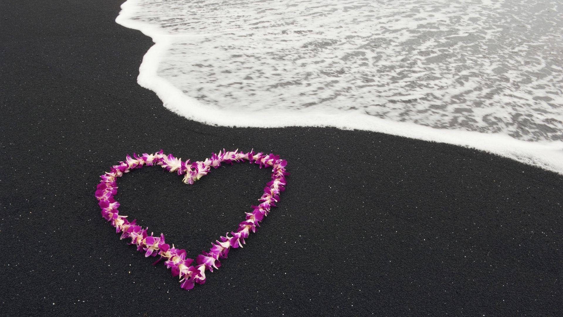 heart-shaped lei, purple flowers, black volcanic sand, Full HD Desktop Wallpaper