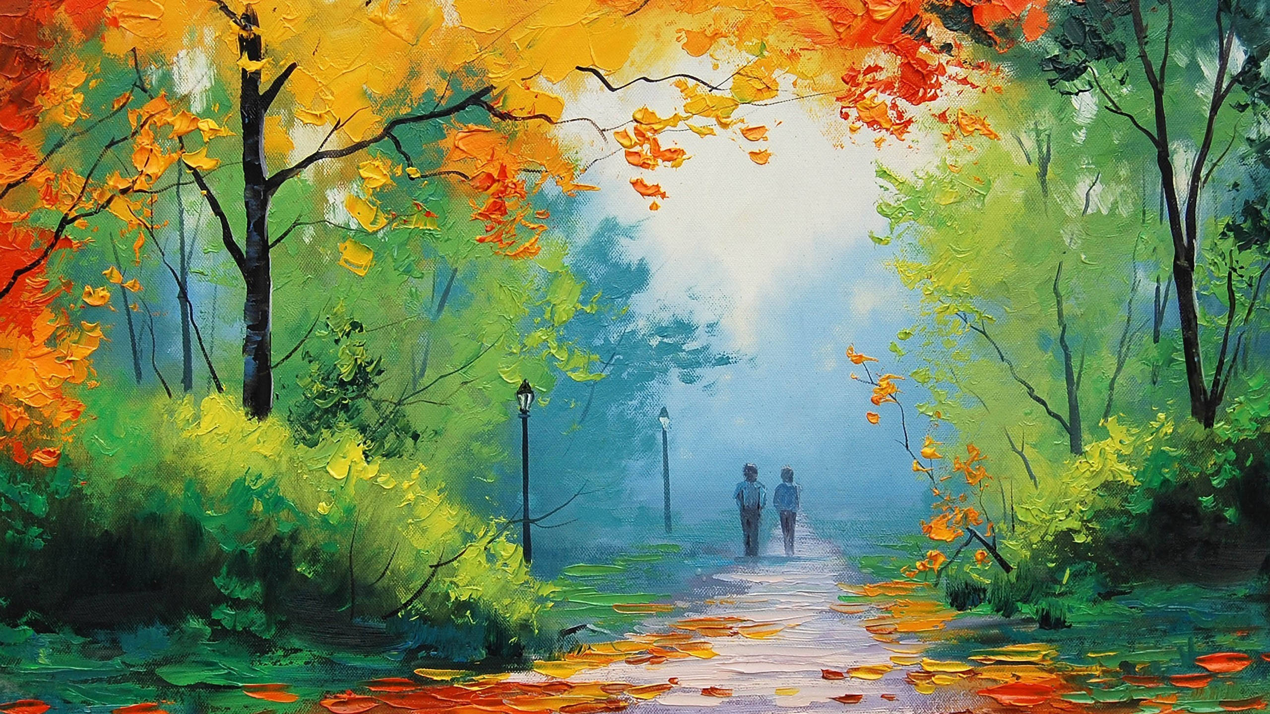 nature love painting, couple, misty autumn path, 2K Desktop Wallpaper