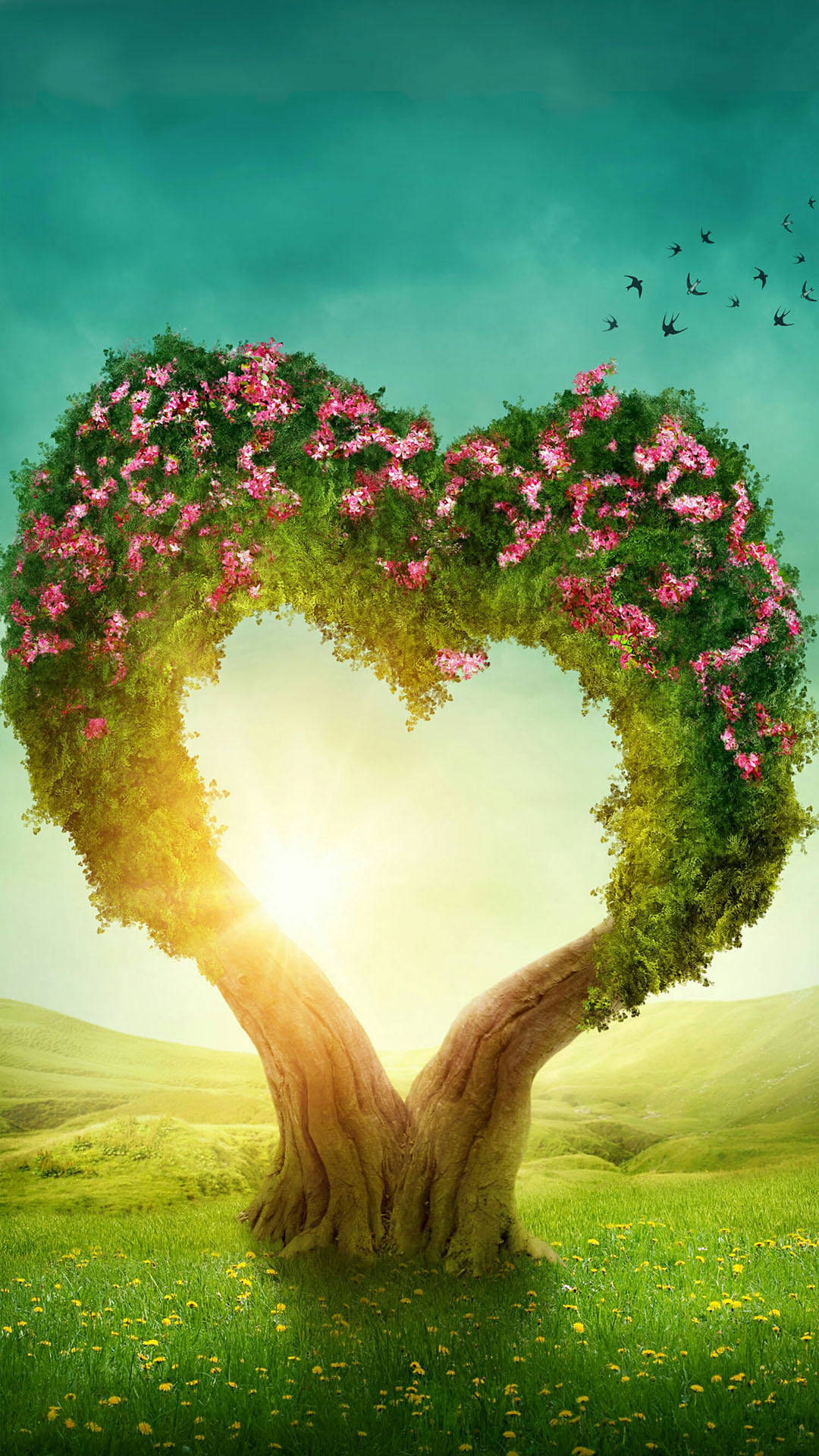 surreal love nature heart, majestic tree, heart shape, Full HD Phone Wallpaper