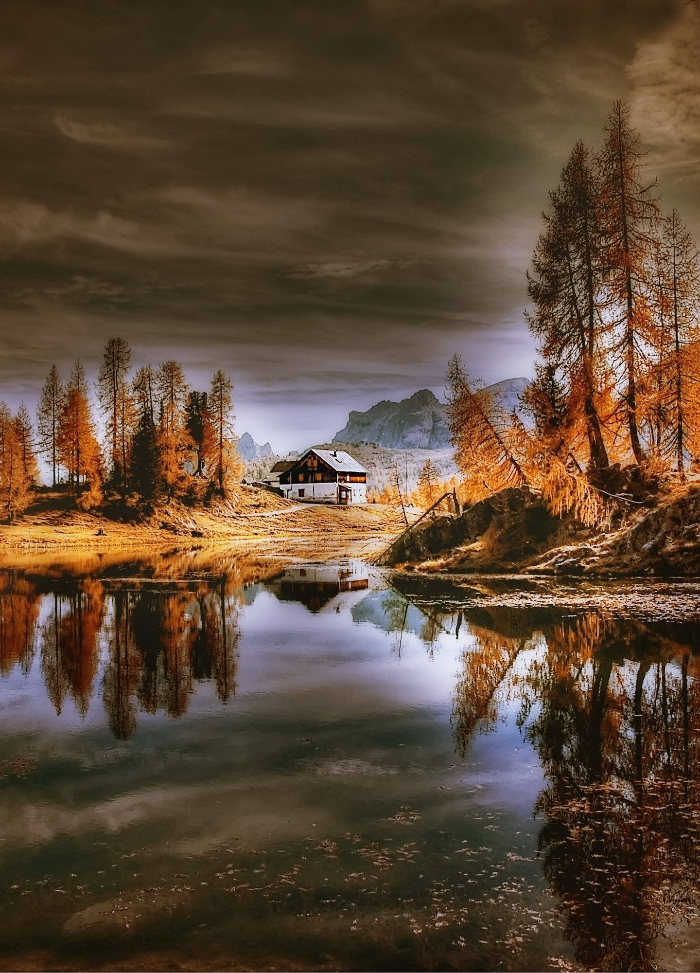 pixel art, alpine cabin, still lake, Full HD Phone Wallpaper