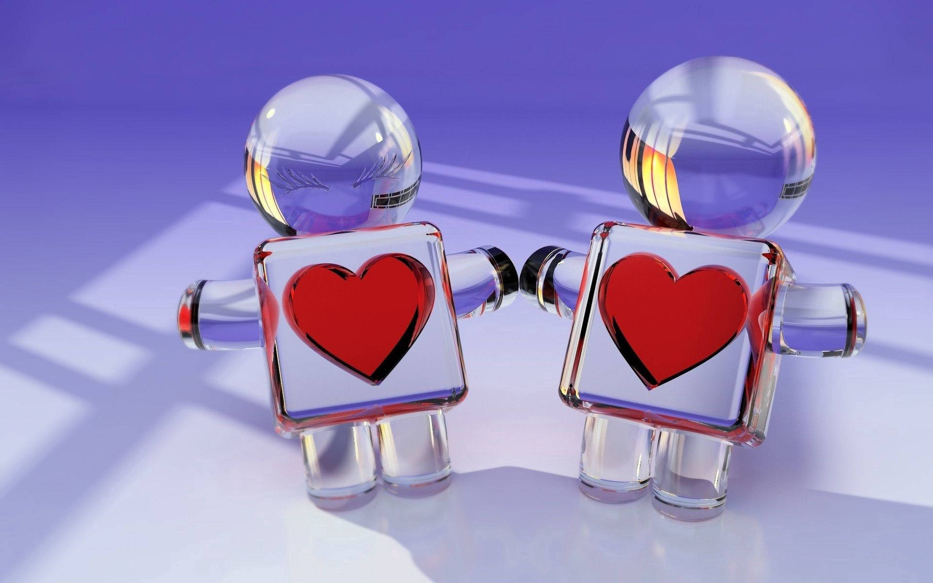 glass robot figures, red hearts on their backs, purple gradient background, Full HD Desktop Wallpaper