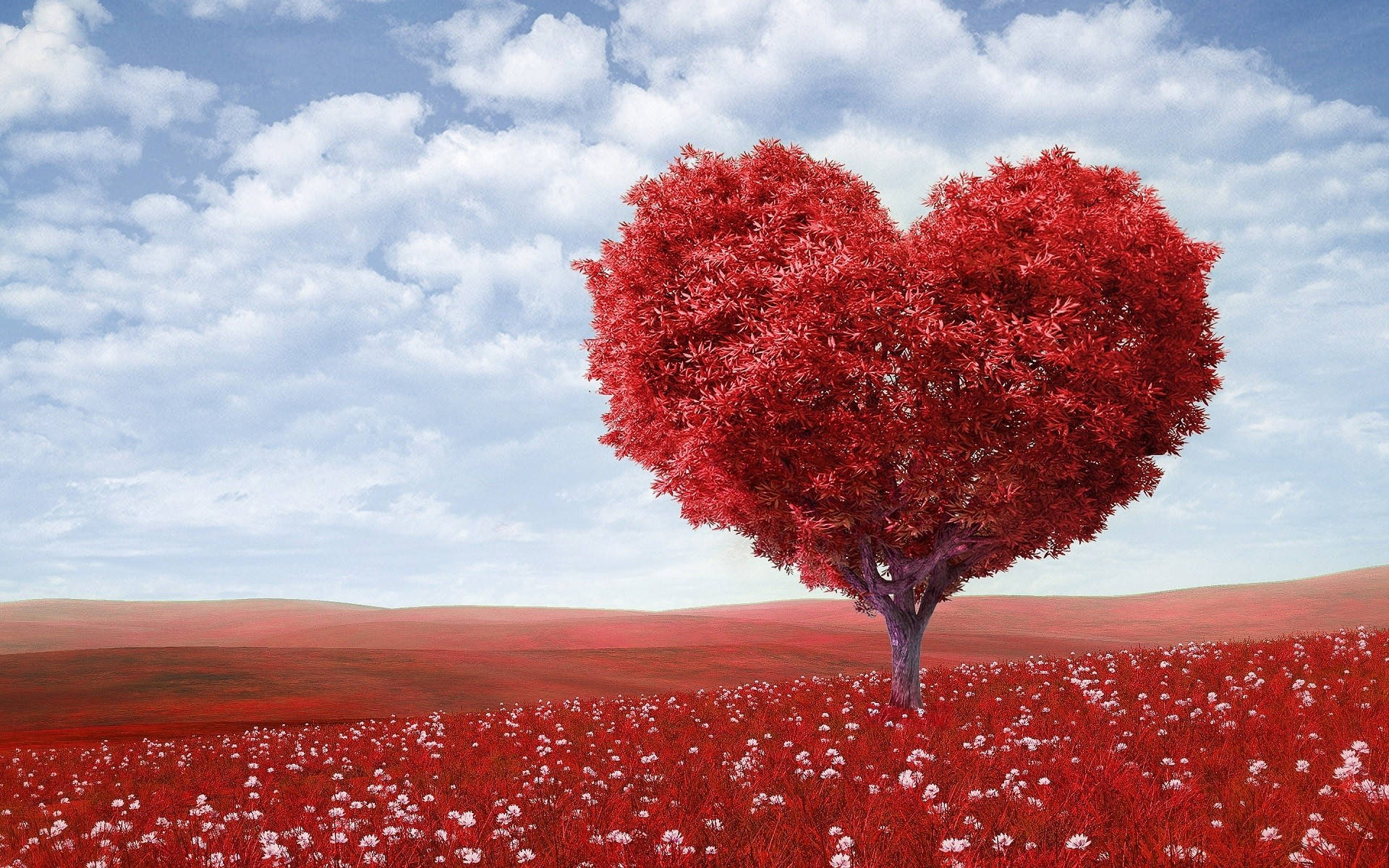 red nature love, heart-shaped tree, vibrant red leaves, Full HD Desktop Wallpaper