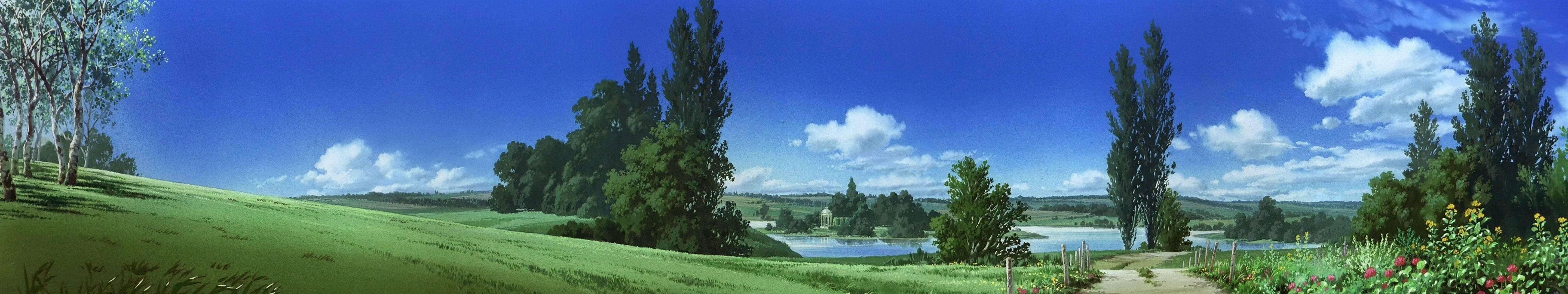 natural hill landscape painting, lush green meadow, tall trees, 5K Desktop Wallpaper