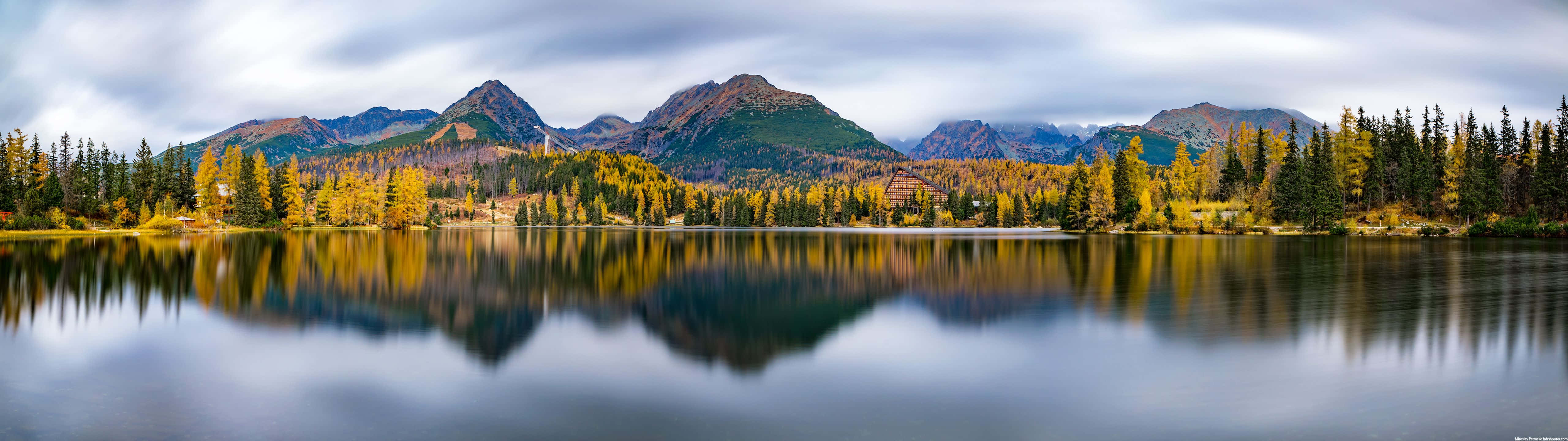 ultra wide nature, autumn lake, golden trees, 5K Desktop Wallpaper