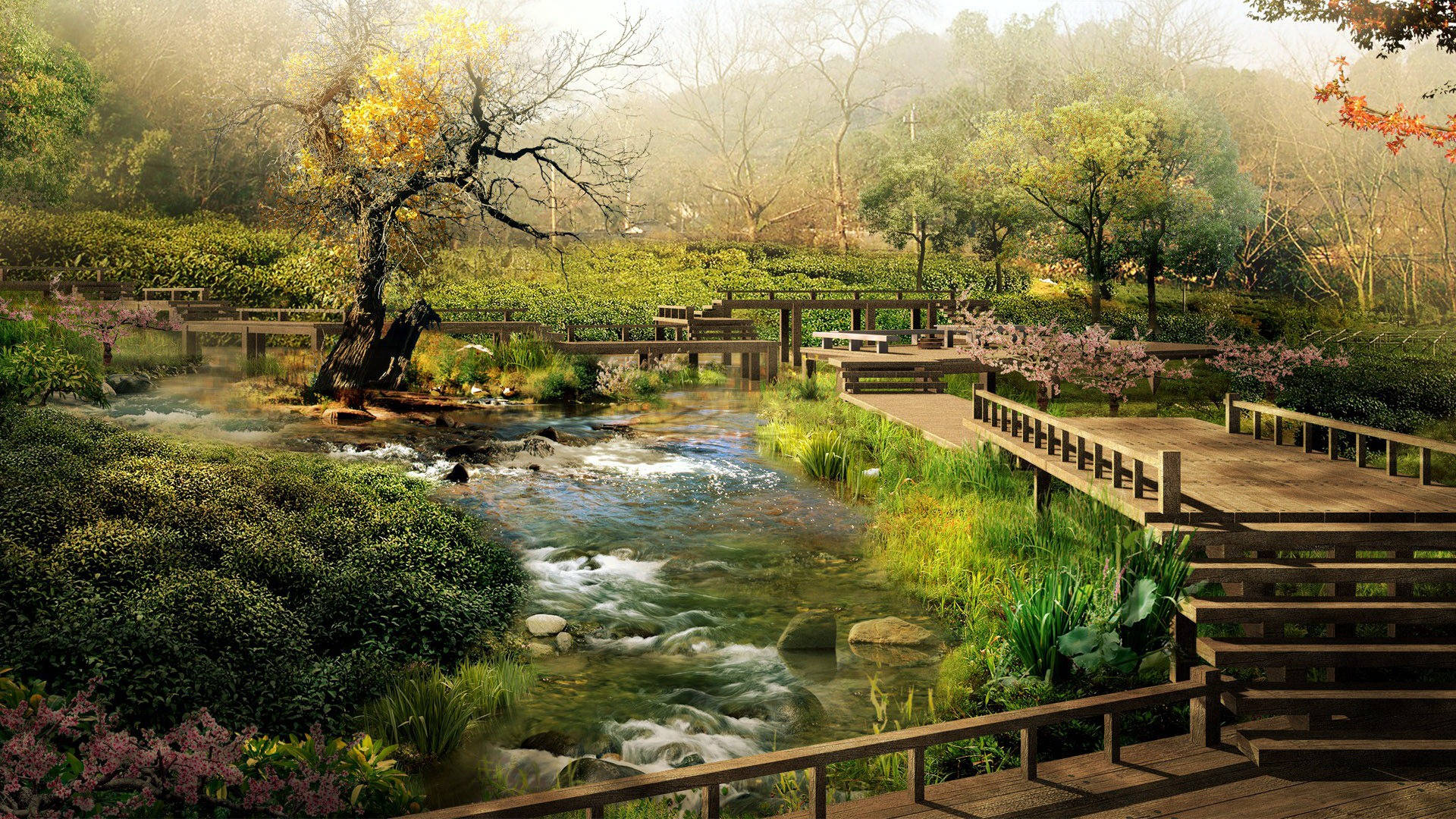 pixel graphics, forest stream, wooden bridges, Full HD Desktop Wallpaper