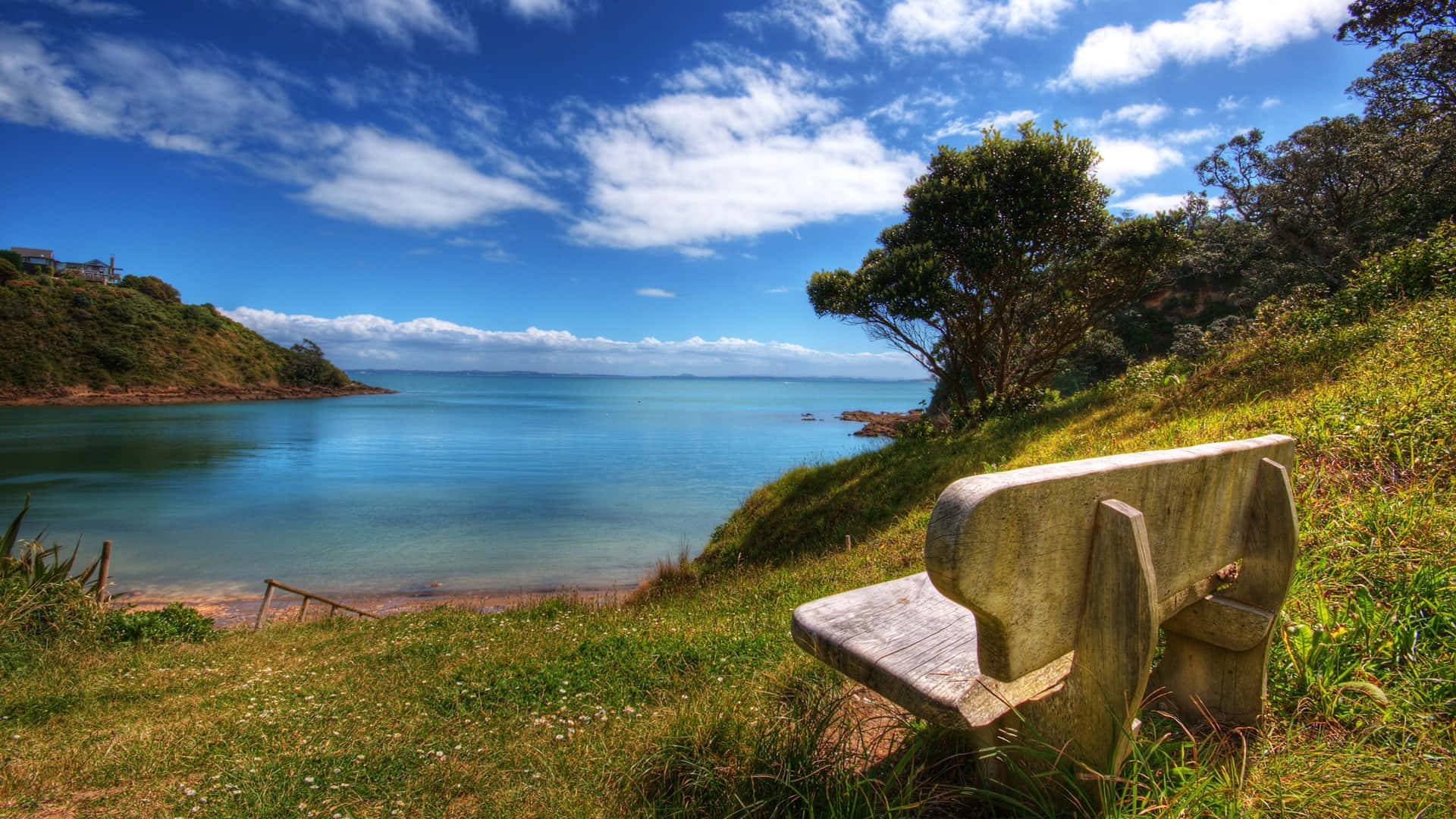 wooden bench, grassy cliff, calm turquoise bay, Full HD Desktop Wallpaper
