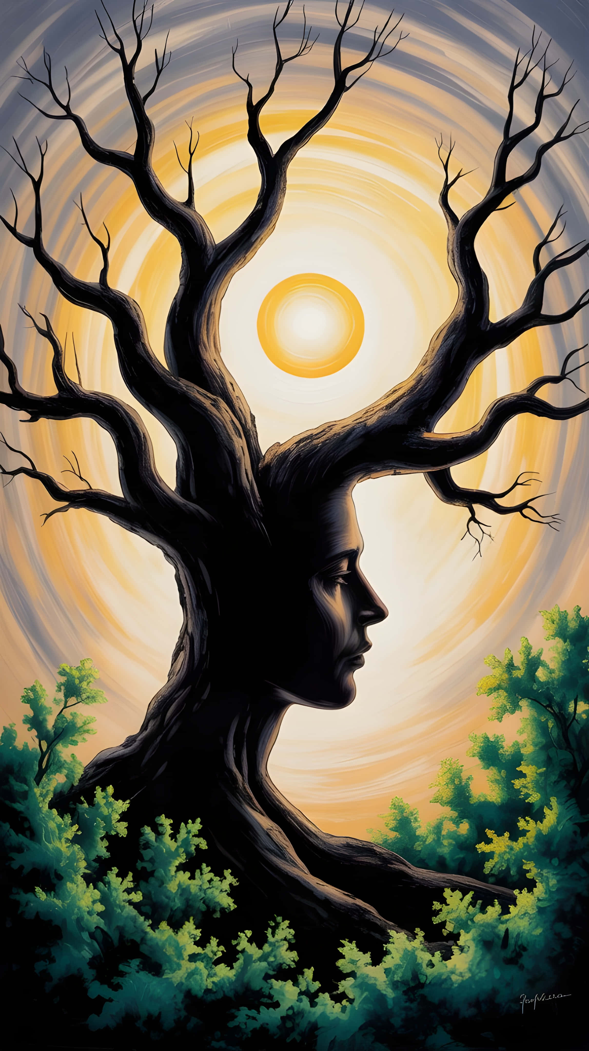 old tree spirit, human head, bare tree, 4K Phone Wallpaper