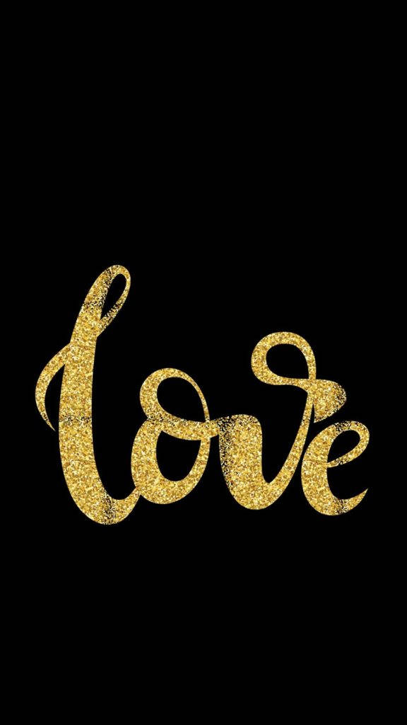 Love, glittery gold cursive script, solid black background, SD Phone Wallpaper