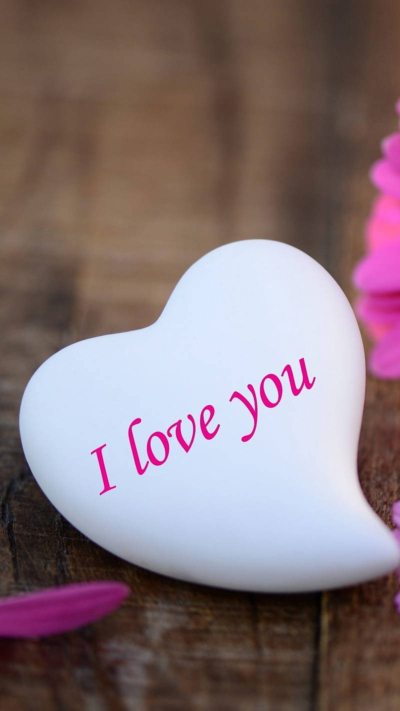White Heart Love Phone, pink 'I love you' text, rustic wooden surface, HD Phone Wallpaper