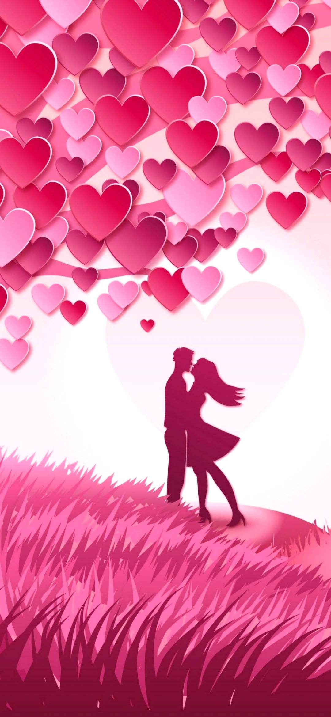 couples kissing, pink paper hearts, grassy hill, Full HD Phone Wallpaper