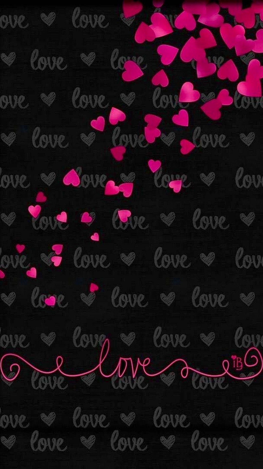 small pink hearts, black background, faint gray love text, Full HD Phone Wallpaper