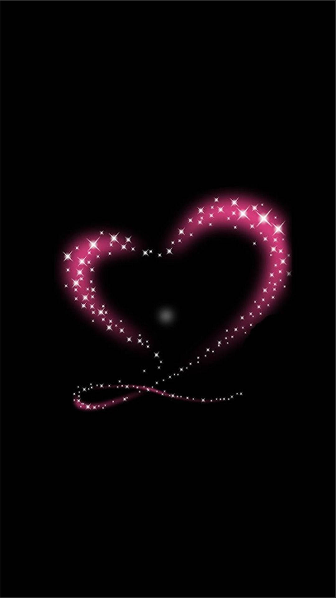 glowing pink heart, sparkling stars, solid black background, Full HD Phone Wallpaper