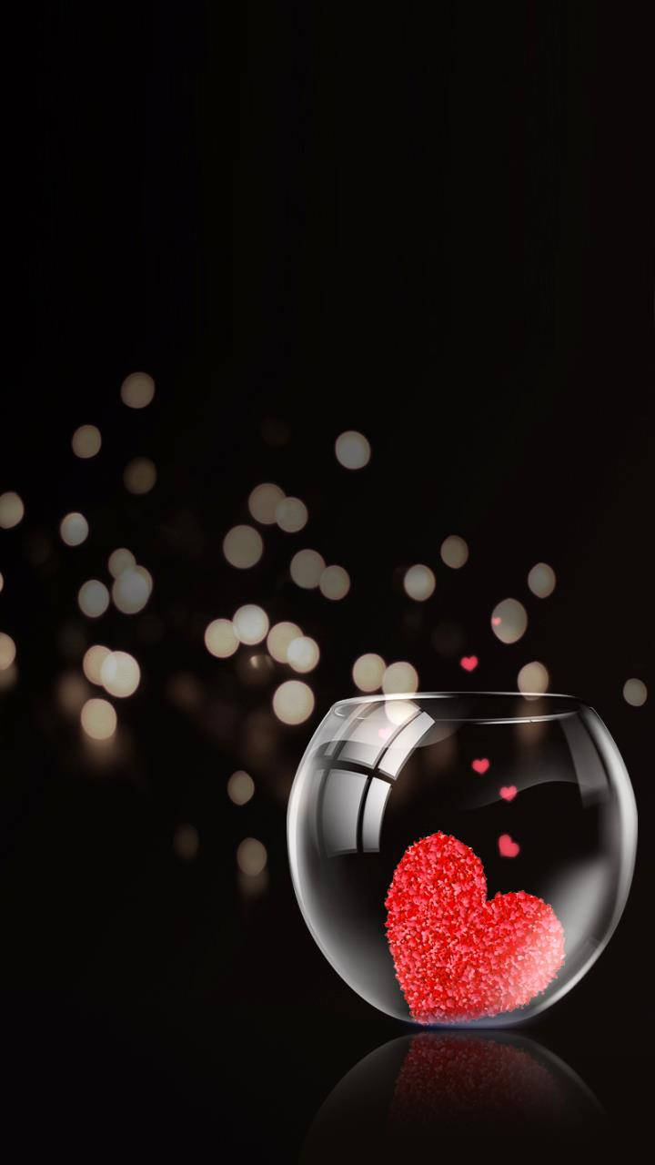 heart on a glass love phone, glowing red glitter heart, clear glass fishbowl, HD Phone Wallpaper