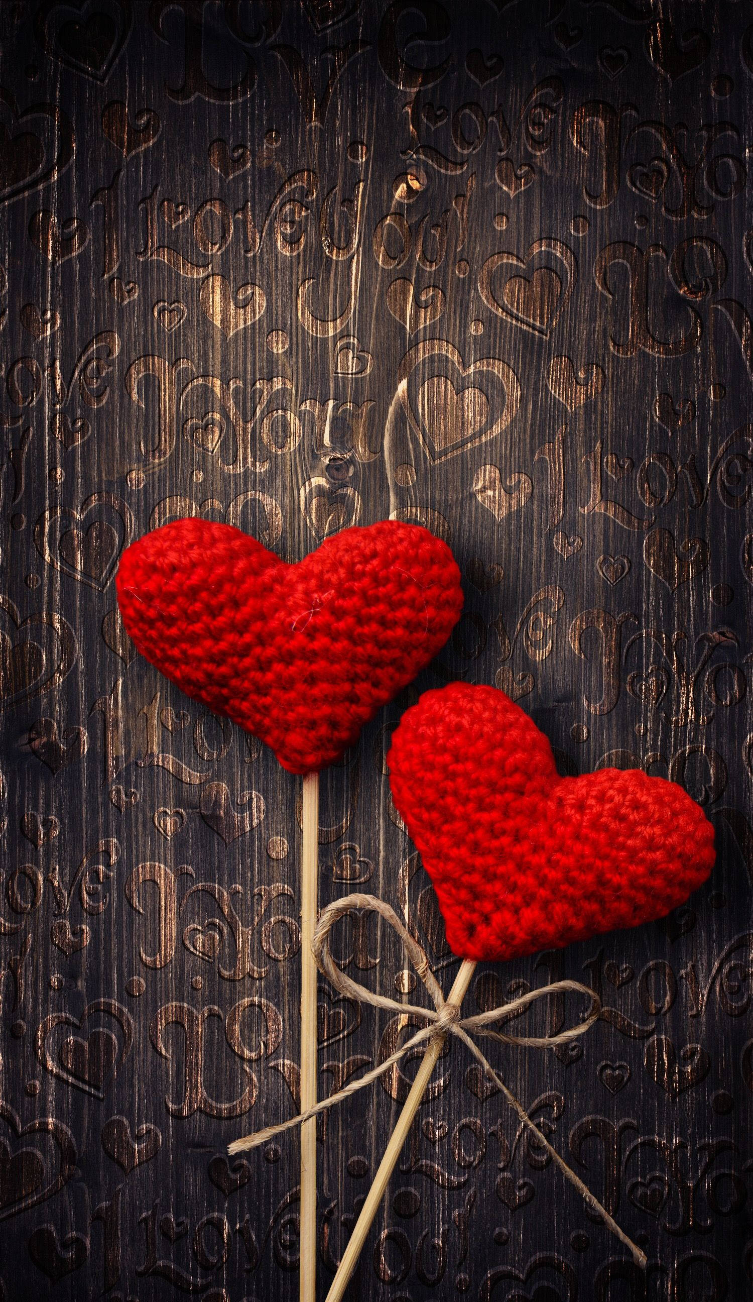 crochet hearts, red crocheted hearts, twine, 2K Phone Wallpaper