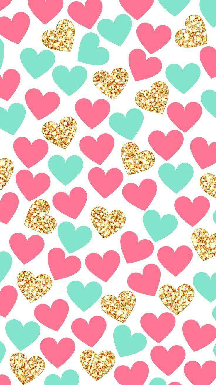 colourful hearts, pink mint, gold glitter, HD Phone Wallpaper