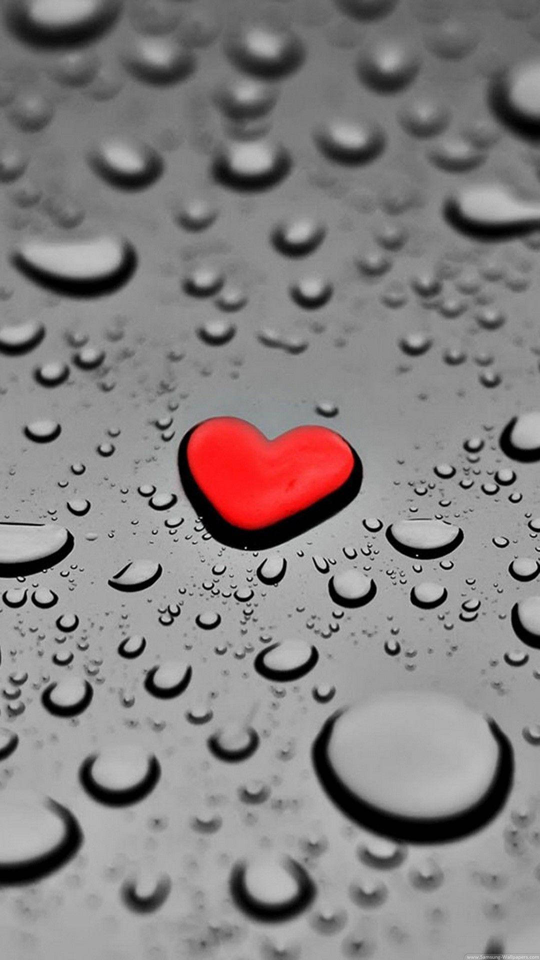 red heart, water droplets, gray surface, Full HD Phone Wallpaper