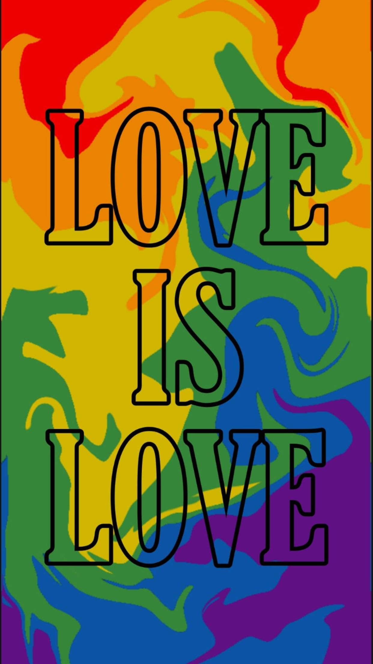LOVE IS LOVE, rainbow, black outlined text, Full HD Phone Wallpaper