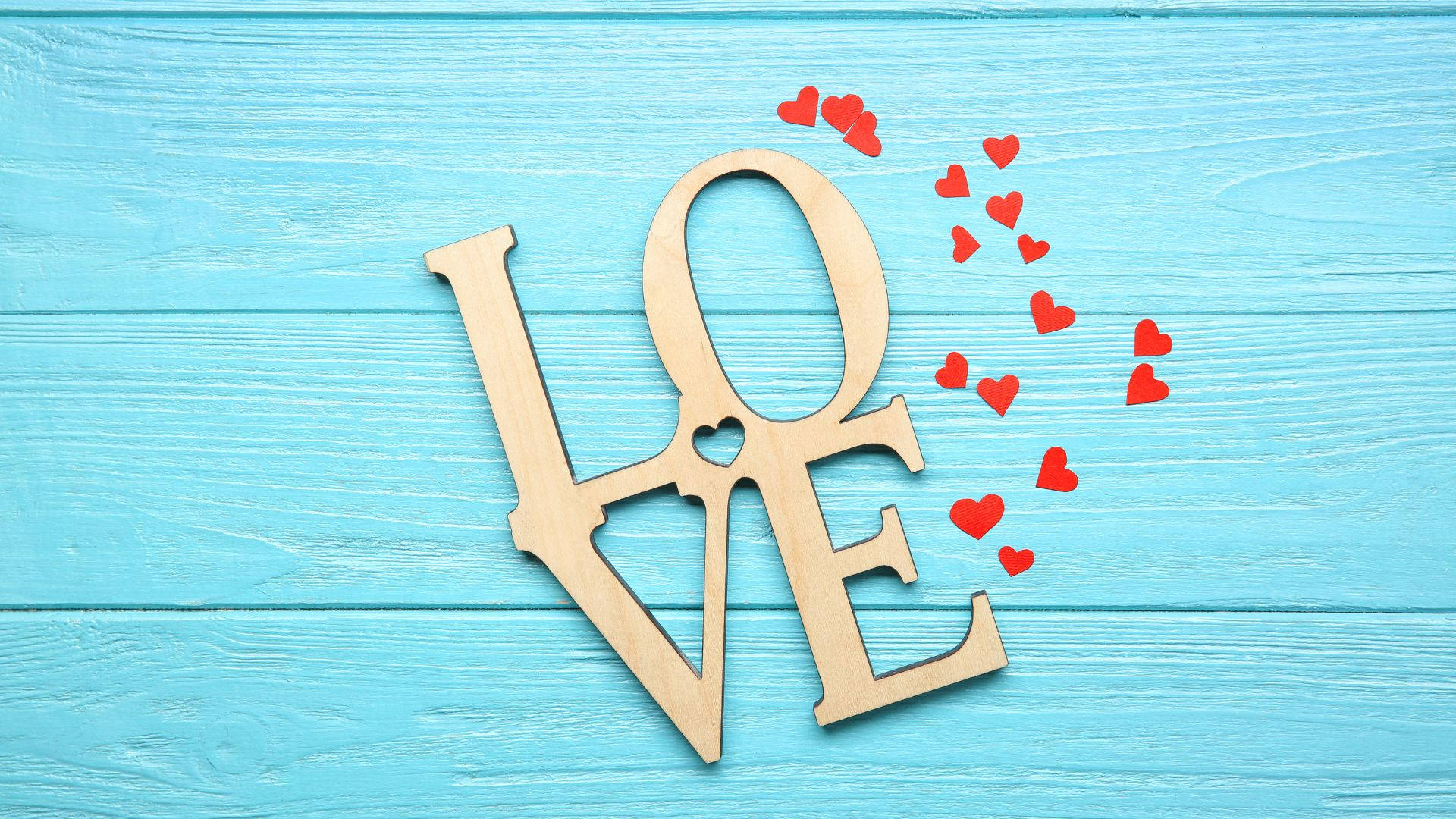 LOVE, red hearts, light blue wooden surface, Full HD Desktop Wallpaper
