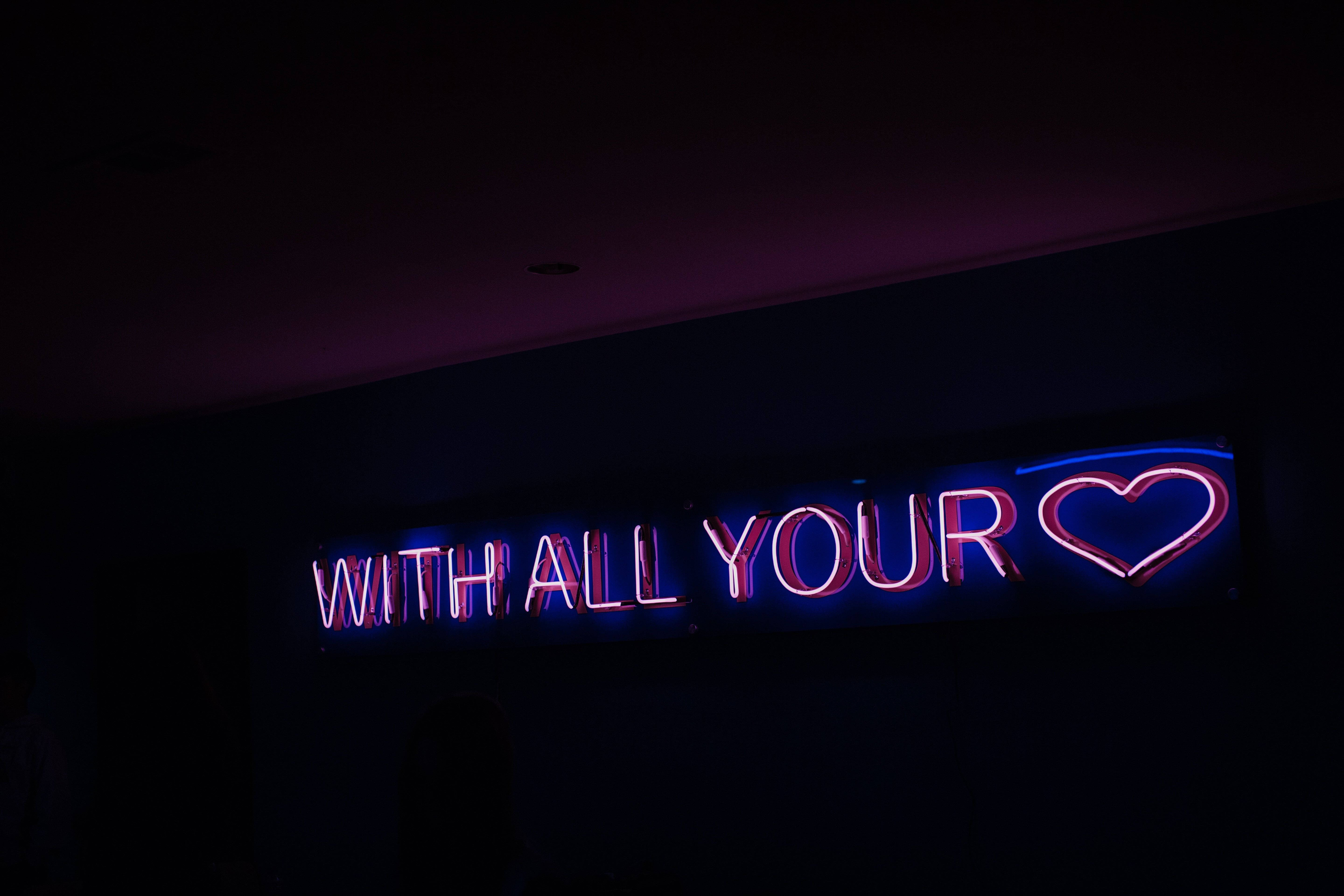 neon sign, WITH ALL YOUR ❤️, pink and blue, 5K Desktop Wallpaper