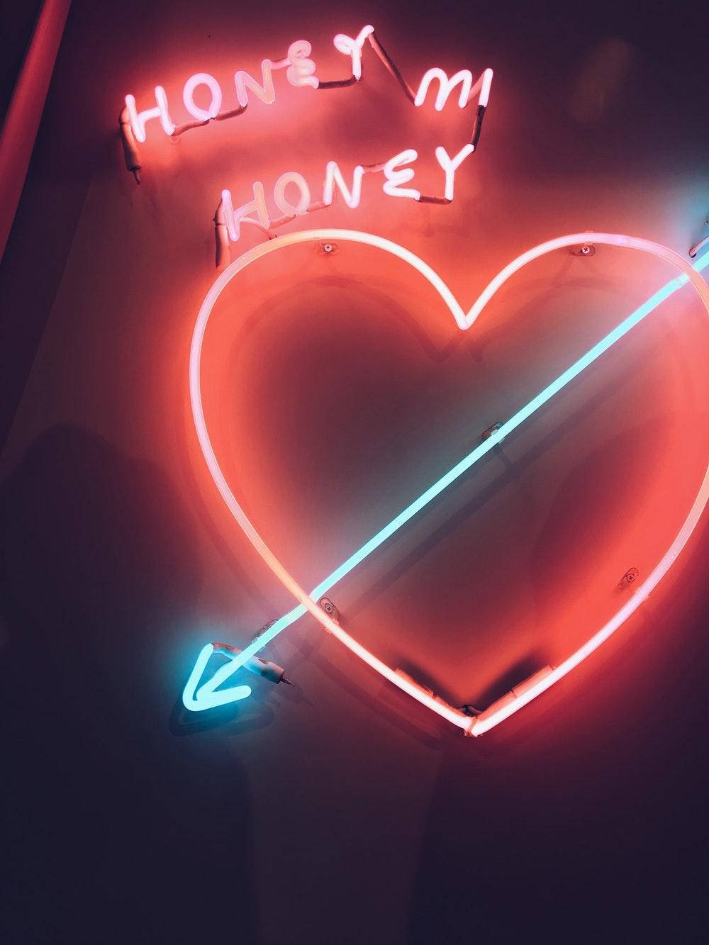 red heart, blue arrow, neon sign, HD Phone Wallpaper