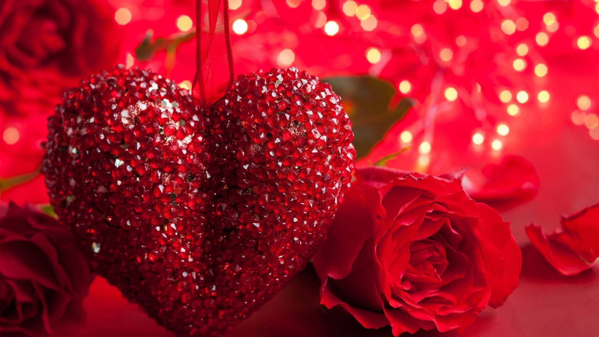 red heart ornament, deep red roses, glittering, Full HD Desktop Wallpaper