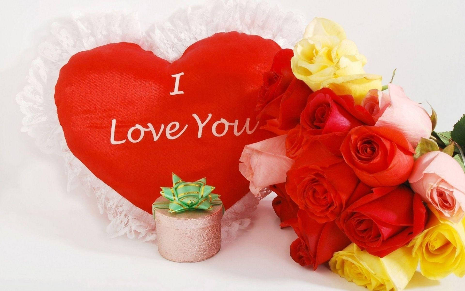Love Rose Pillow, red heart pillow, I Love You text, Full HD Desktop Wallpaper