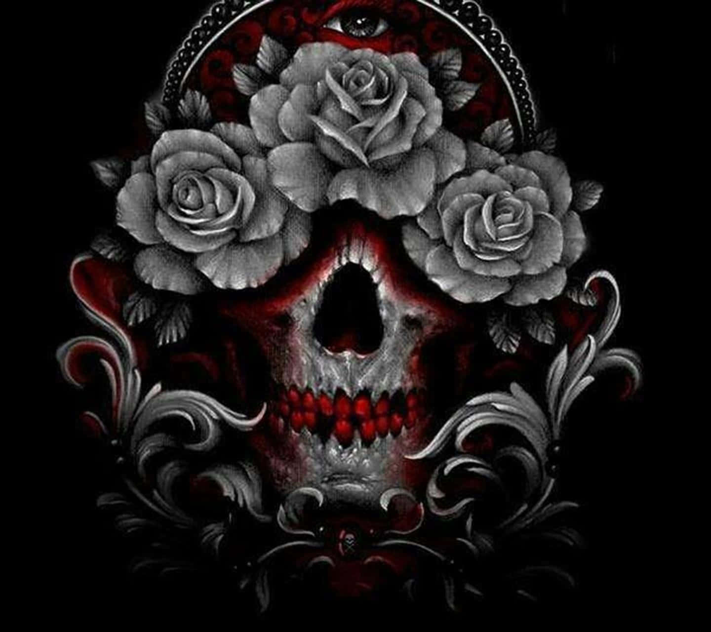 love skulls and roses, gray roses, red accents, HD Desktop Wallpaper