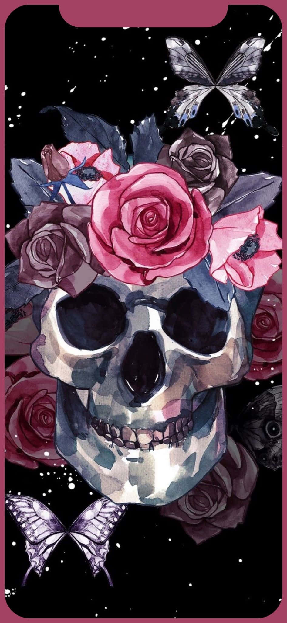 love skulls and roses, watercolor skull, pink and purple roses, Full HD Phone Wallpaper