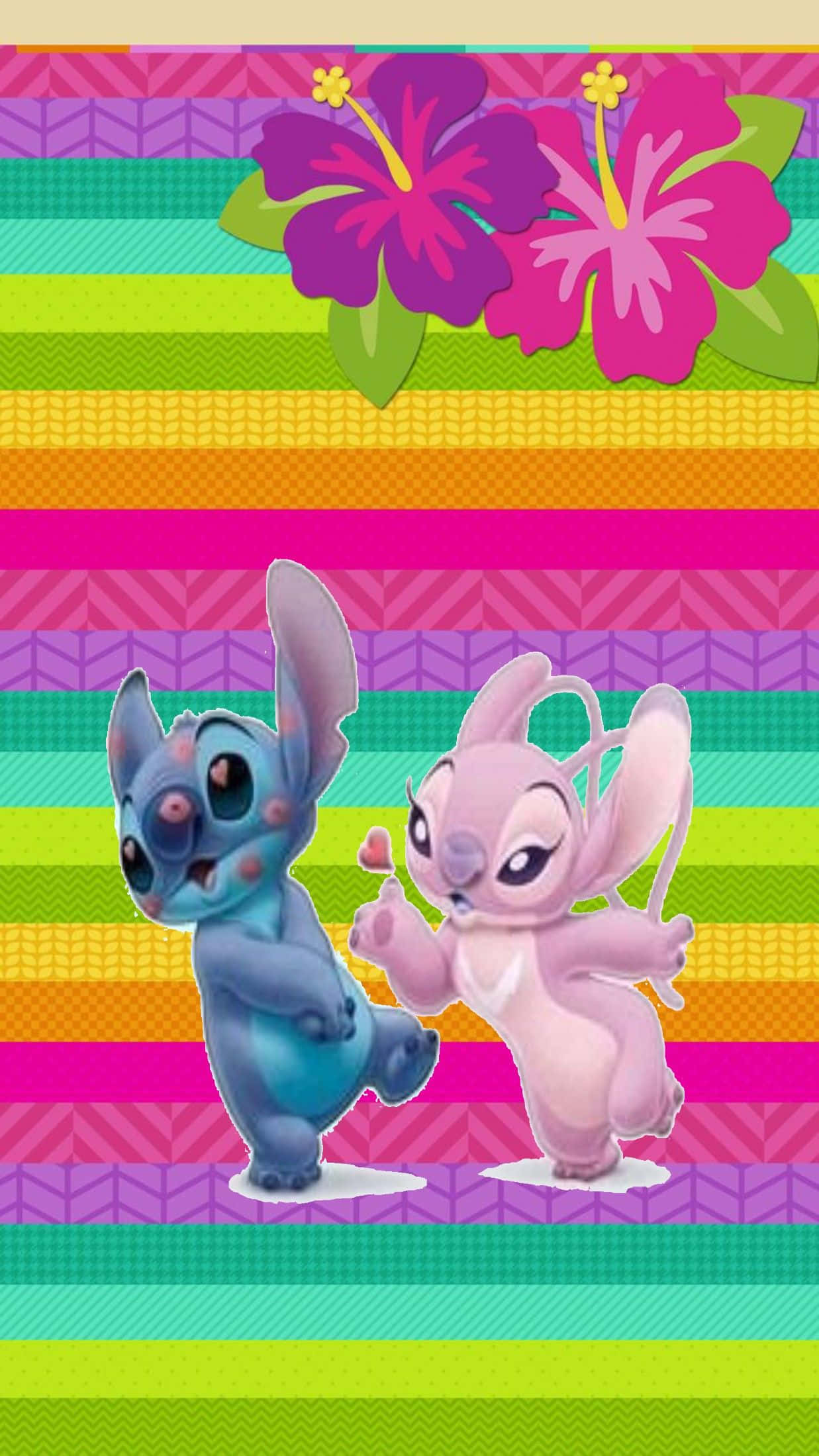 Love Stitch And Angel, cartoon aliens, vibrant striped background, Full HD Phone Wallpaper