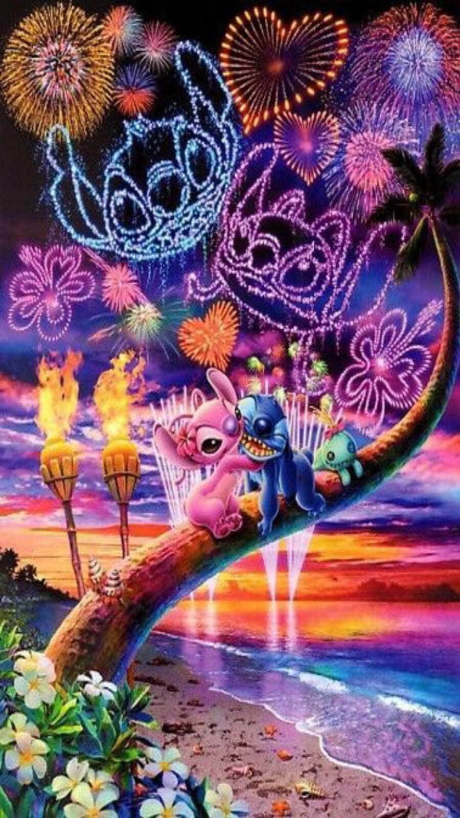 Love Stitch And Angel, Stitch, palm tree branch, HD Phone Wallpaper