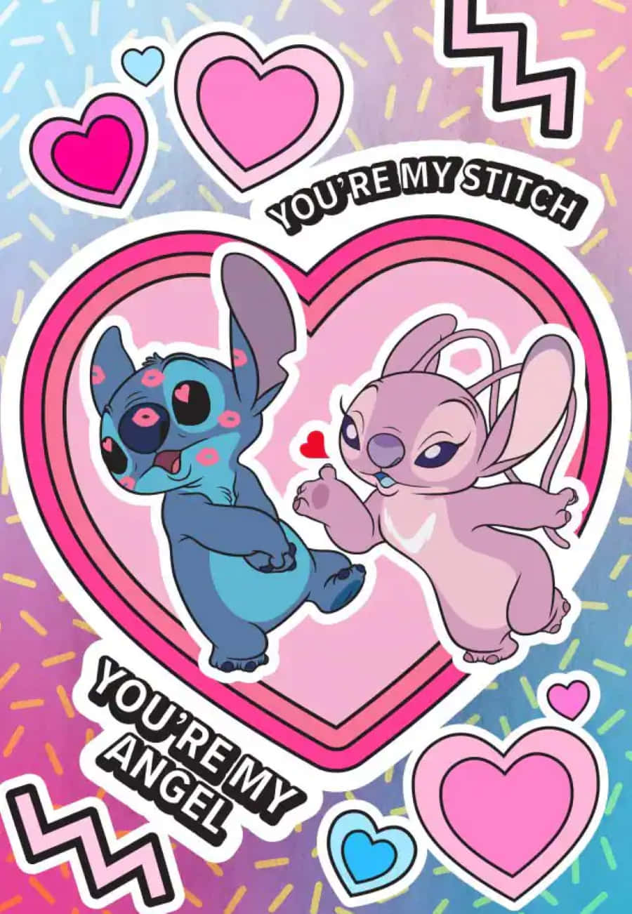 Love Stitch And Angel, cartoon aliens, heart-shaped frame, HD Phone Wallpaper