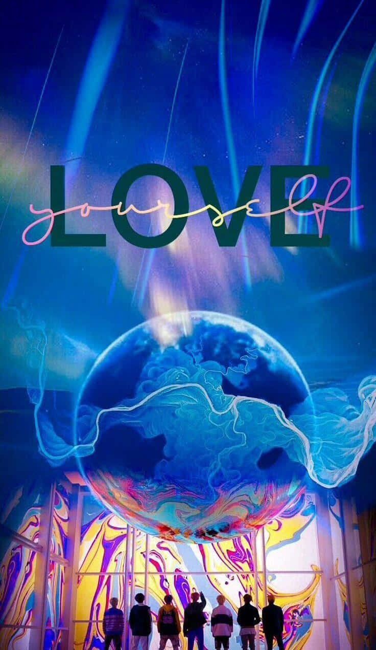 Love Yourself, glowing blue planet, vibrant cosmic space, SD Phone Wallpaper